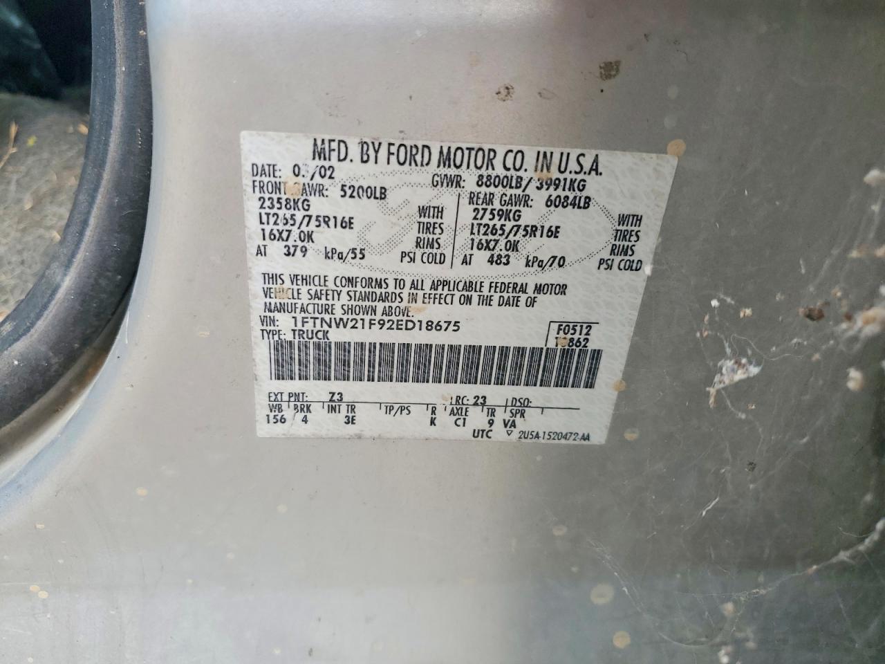 2002 Ford F250 Super Duty Silver vin: 1FTNW21F92ED18675