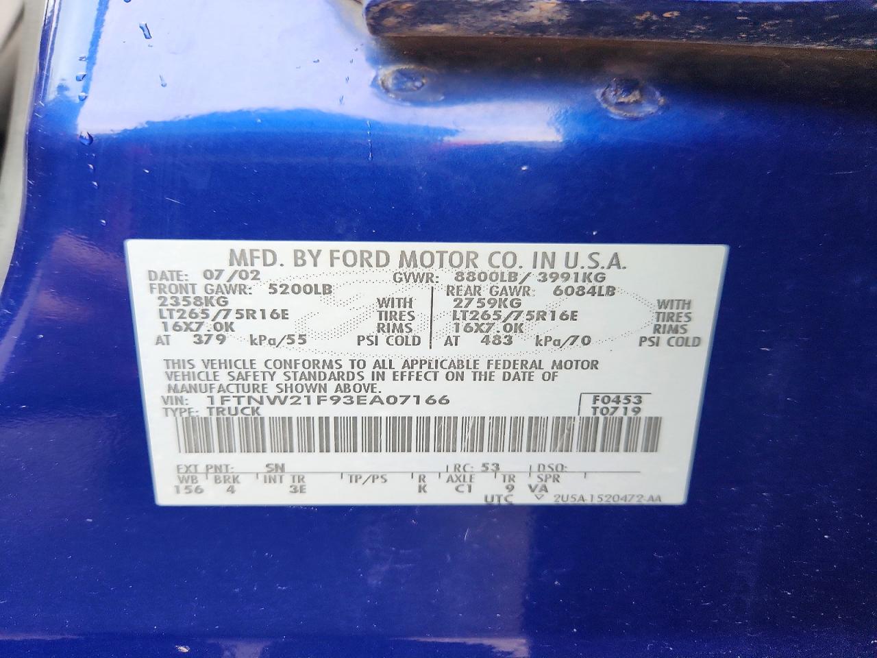 2003 Ford F250 Super Duty Blue vin: 1FTNW21F93EA07166