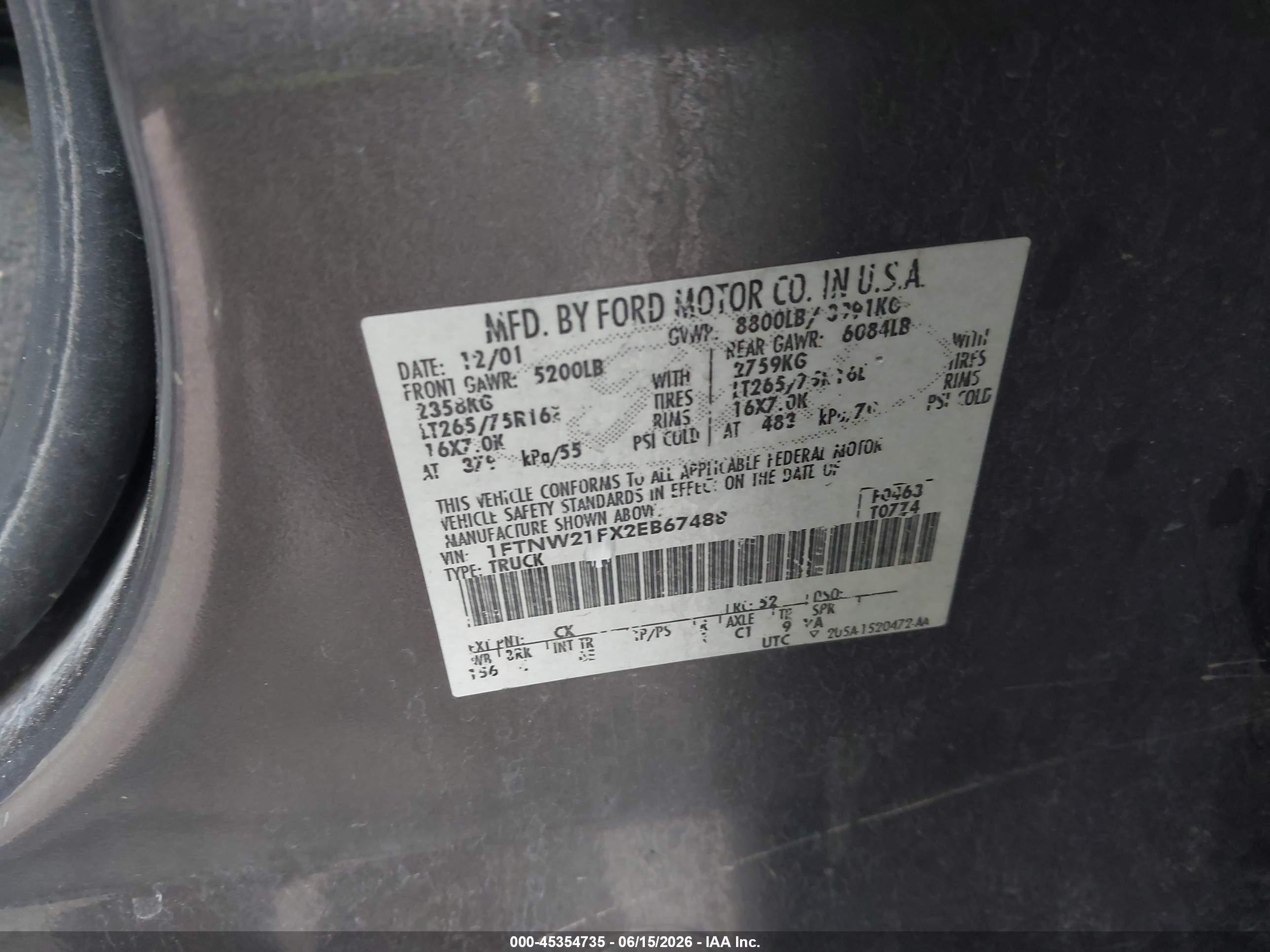 2002 Ford F-250 Lariat/xl/xlt Gray vin: 1FTNW21FX2EB67488