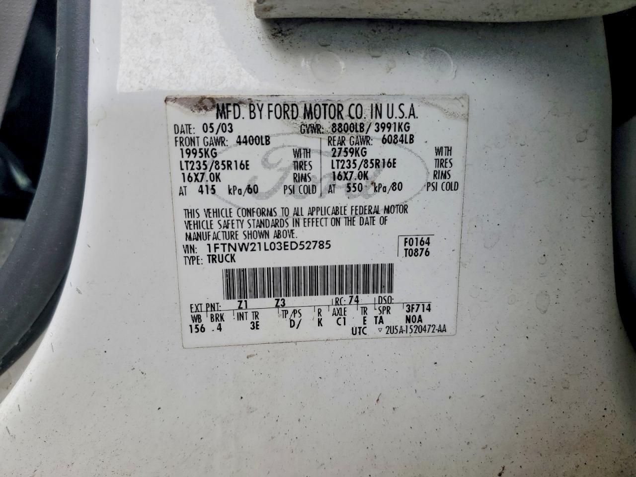 2003 Ford F250 Super Duty White vin: 1FTNW21L03ED52785