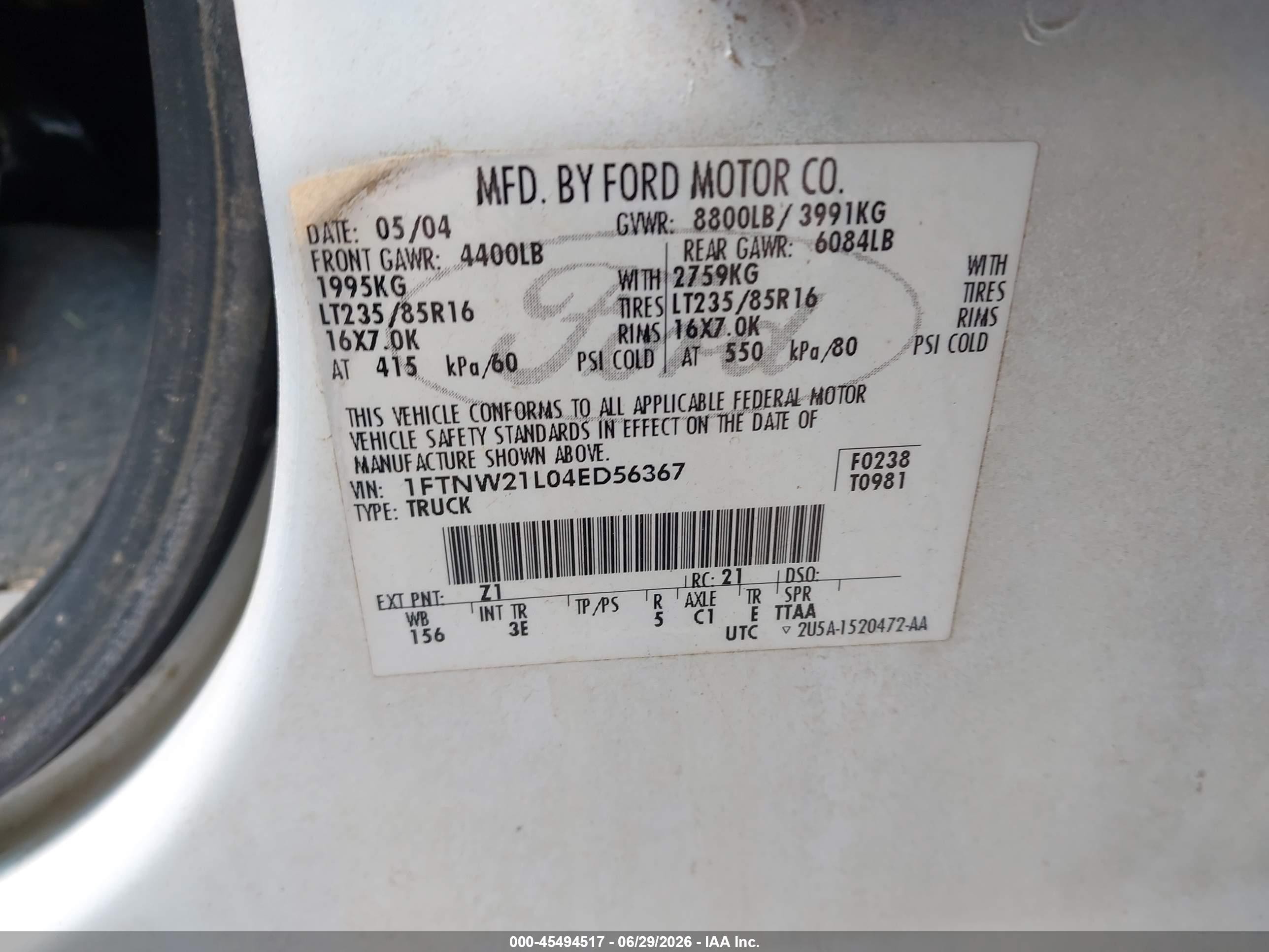 2004 Ford F-250 Lariat/xl/xlt White vin: 1FTNW21L04ED56367