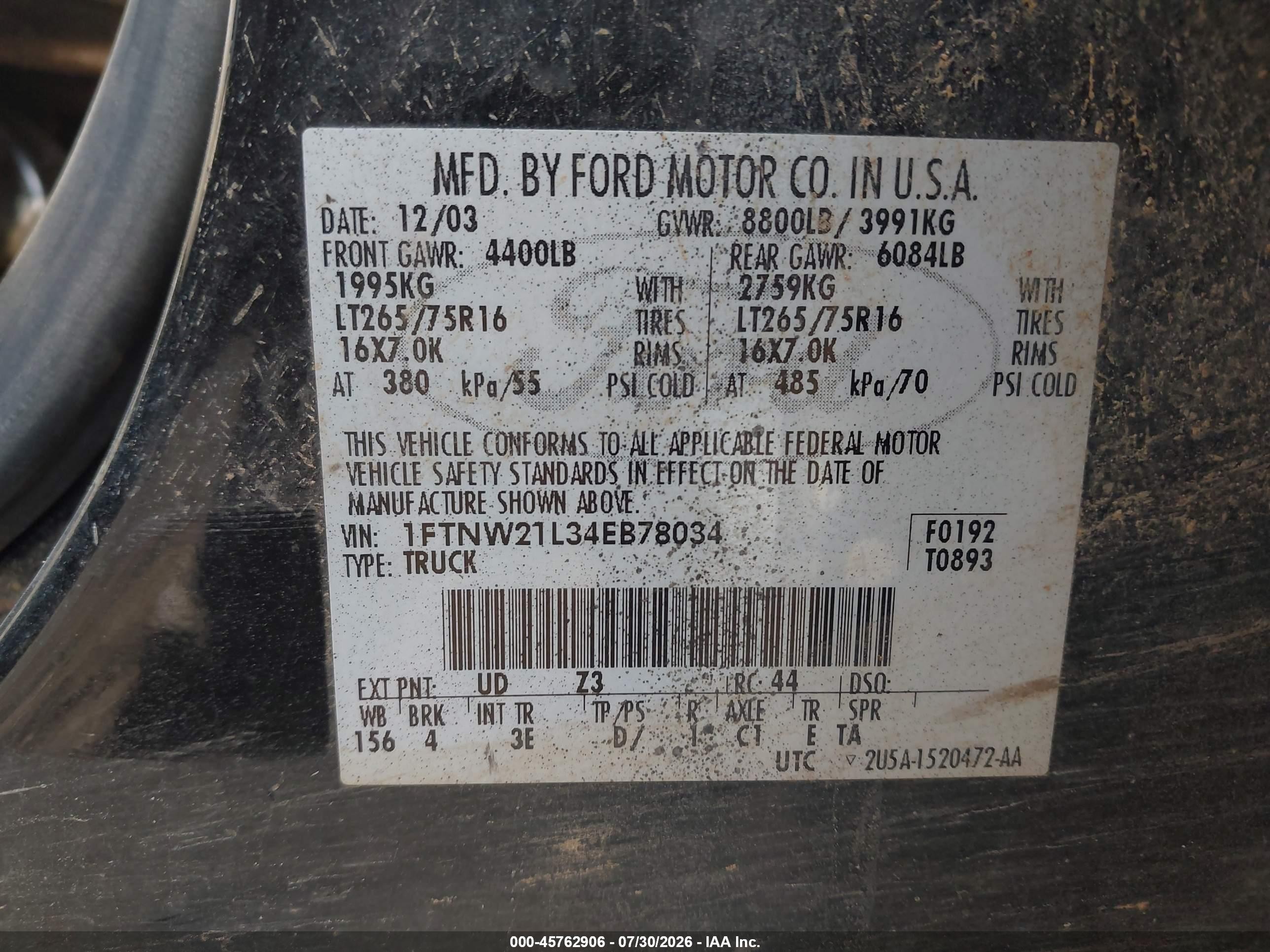2004 Ford F-250 Lariat/xl/xlt Black vin: 1FTNW21L34EB78034
