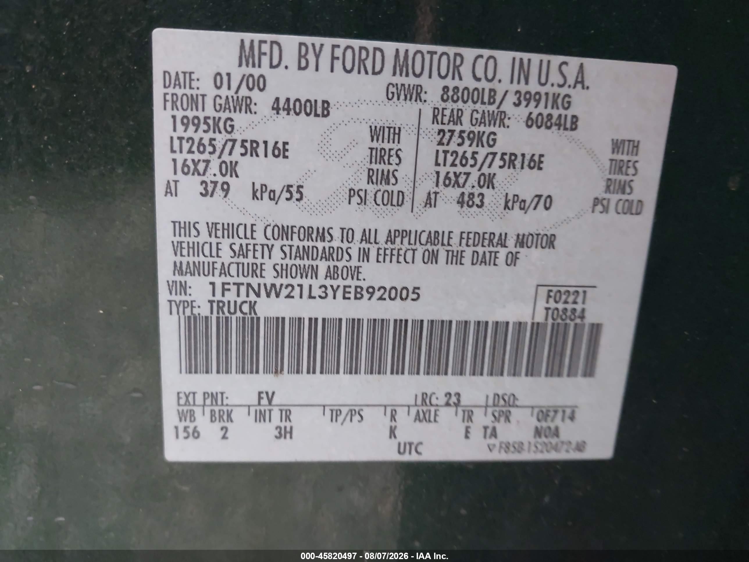 2000 Ford F-250 Lariat/xl/xlt Green vin: 1FTNW21L3YEB92005