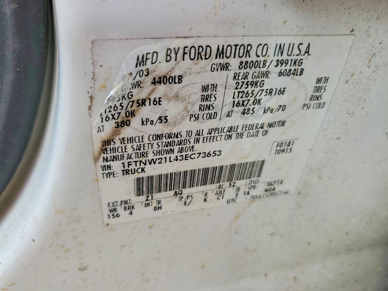 2003 Ford F250 4wd White vin: 1FTNW21L43EC73653