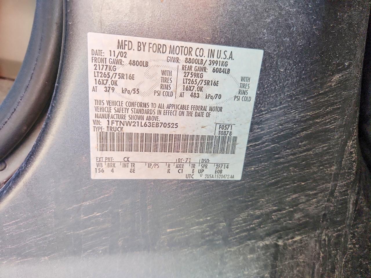 2003 Ford F250 Super Duty Gray vin: 1FTNW21L63EB70525