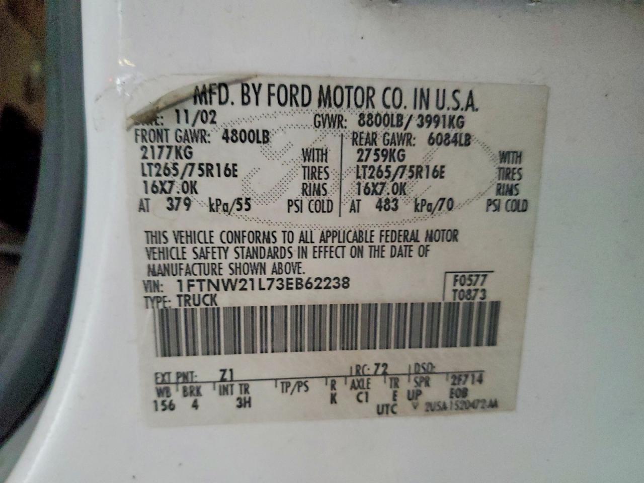 2003 Ford F250 Super Duty White vin: 1FTNW21L73EB62238