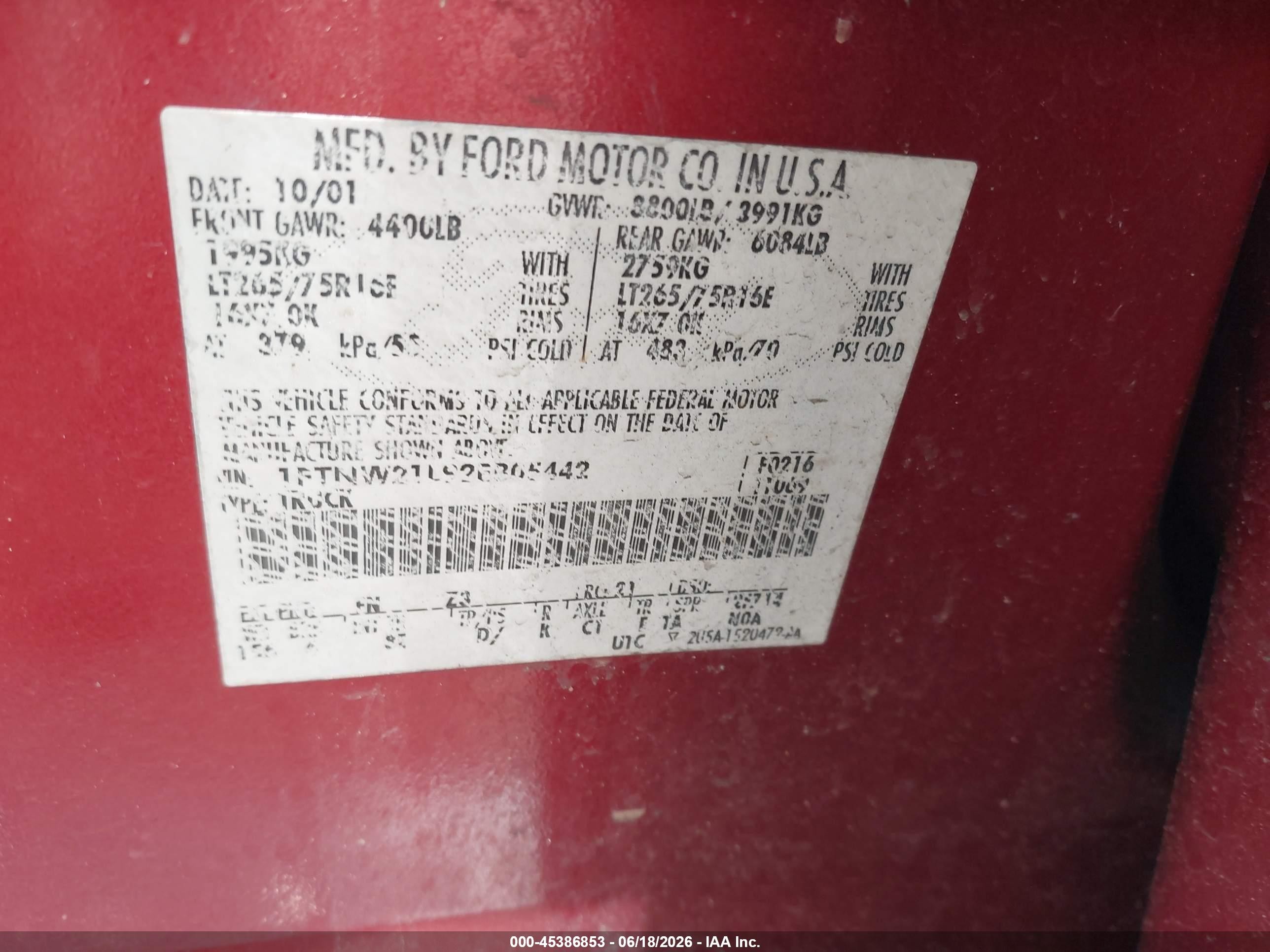 2002 Ford F-250 Lariat/xl/xlt Red vin: 1FTNW21L92EB05442