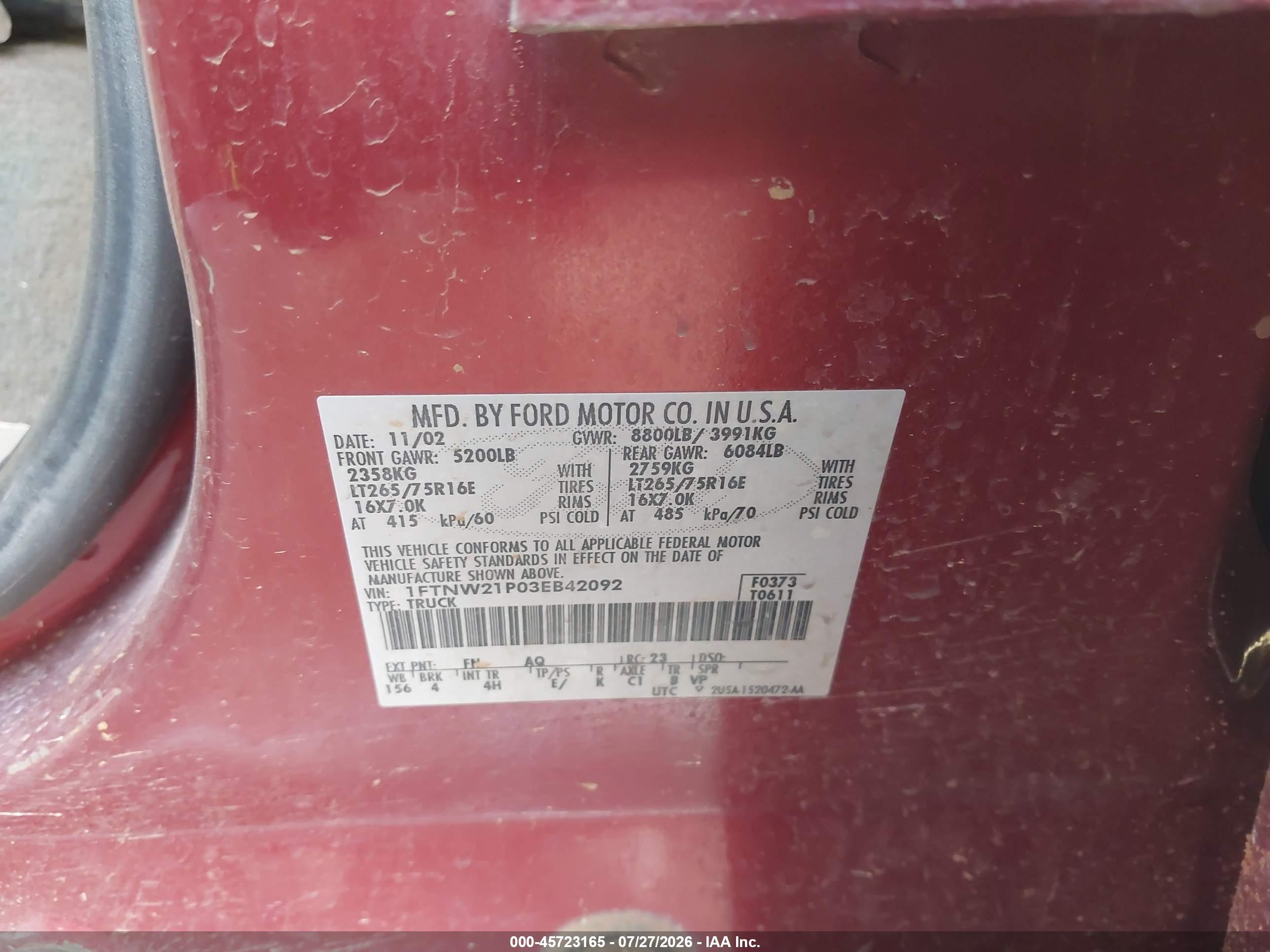 2003 Ford F-250   Burgundy vin: 1FTNW21P03EB42092