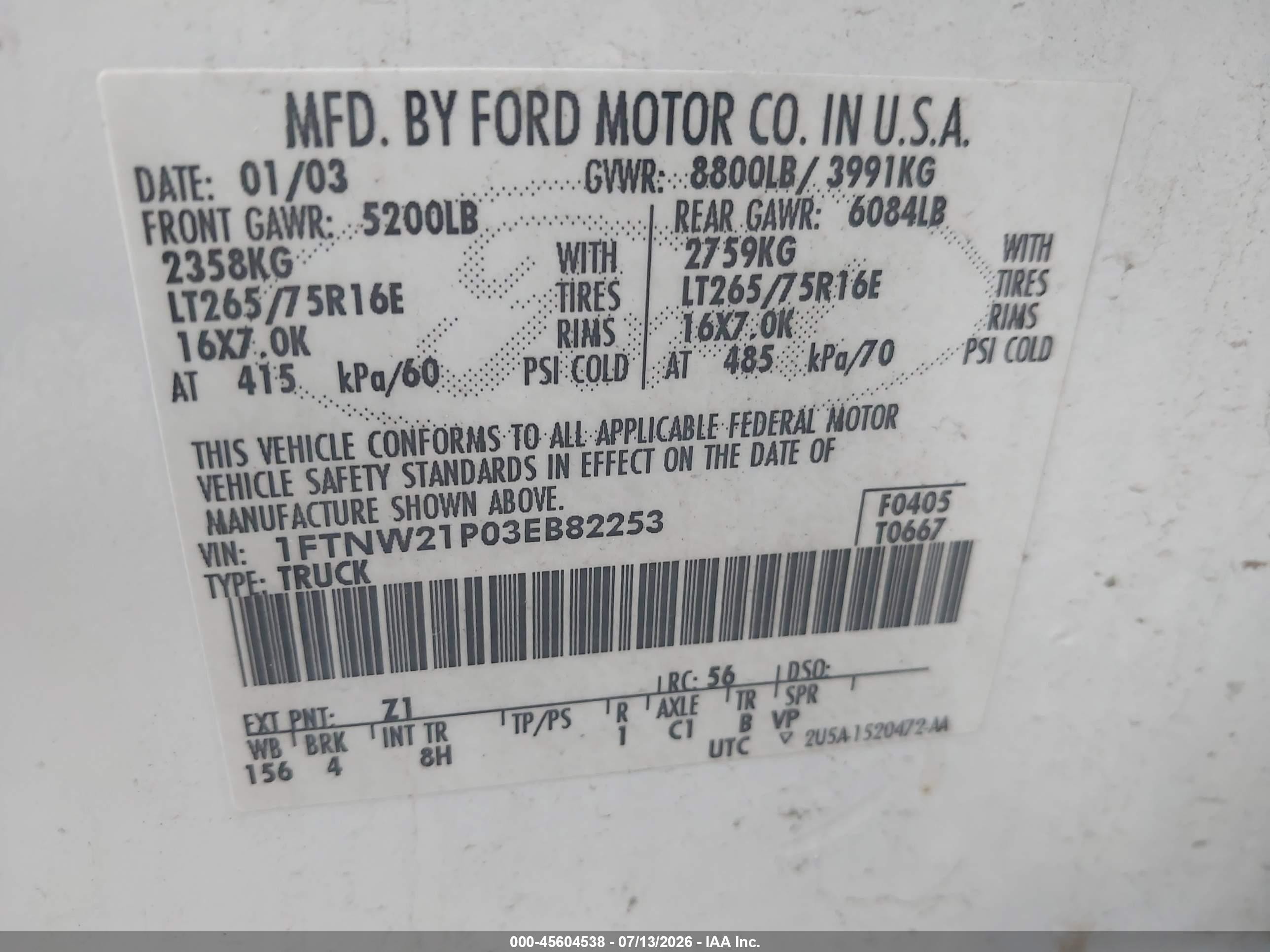 2003 Ford F-250 Lariat/xl/xlt White vin: 1FTNW21P03EB82253