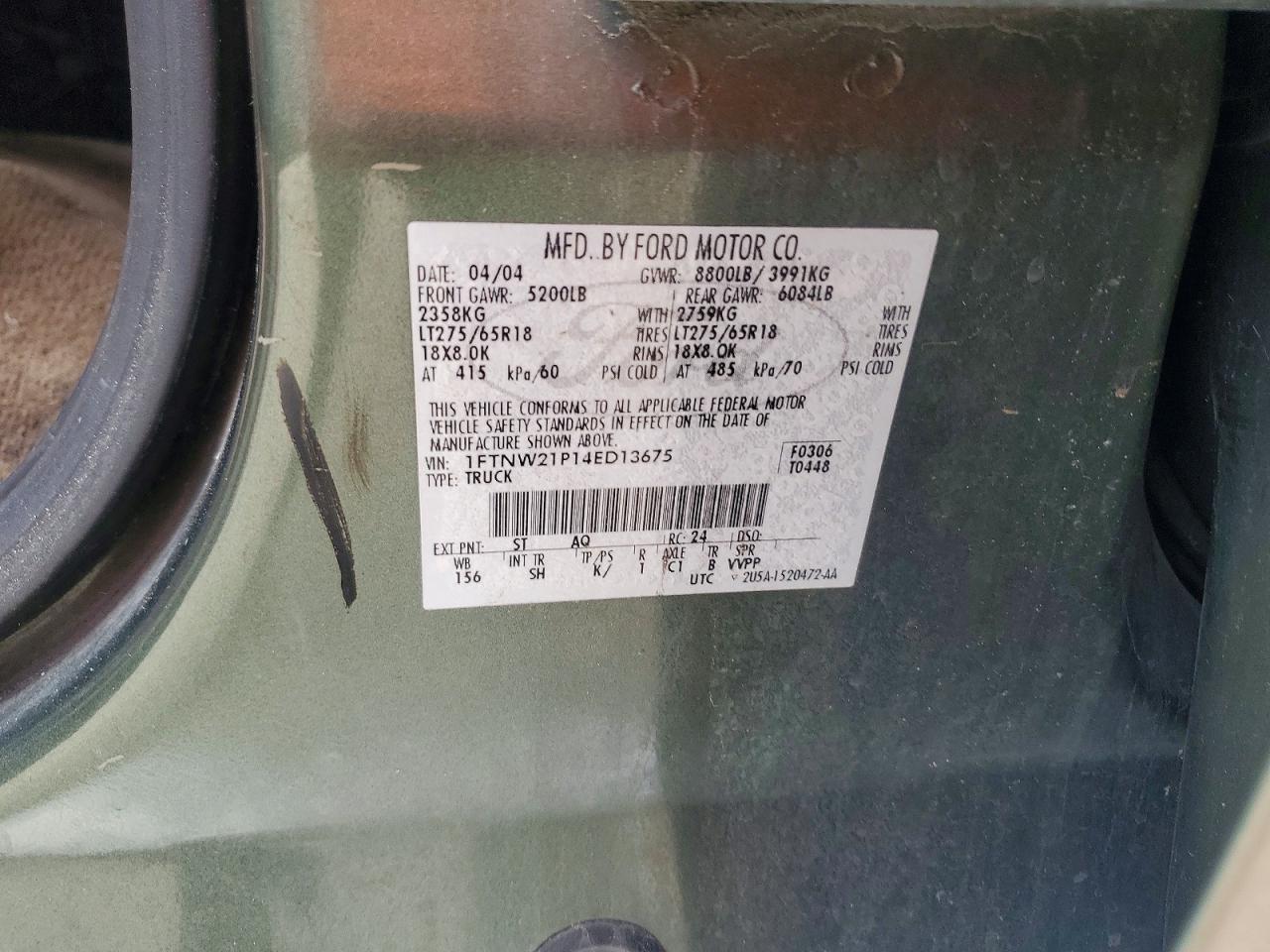 2004 Ford F250 Super Duty Green vin: 1FTNW21P14ED13675