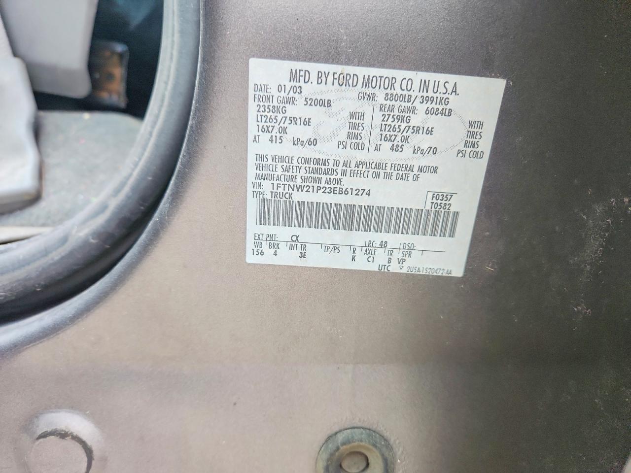 2003 Ford F250 Super Duty Gray vin: 1FTNW21P23EB61274