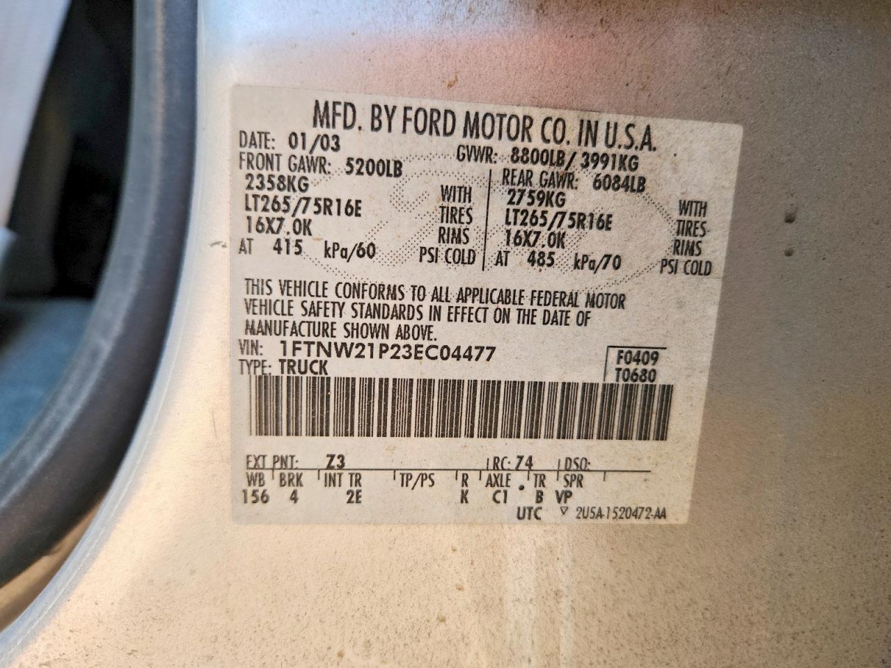 2003 Ford F250 Super Duty Silver vin: 1FTNW21P23EC04477