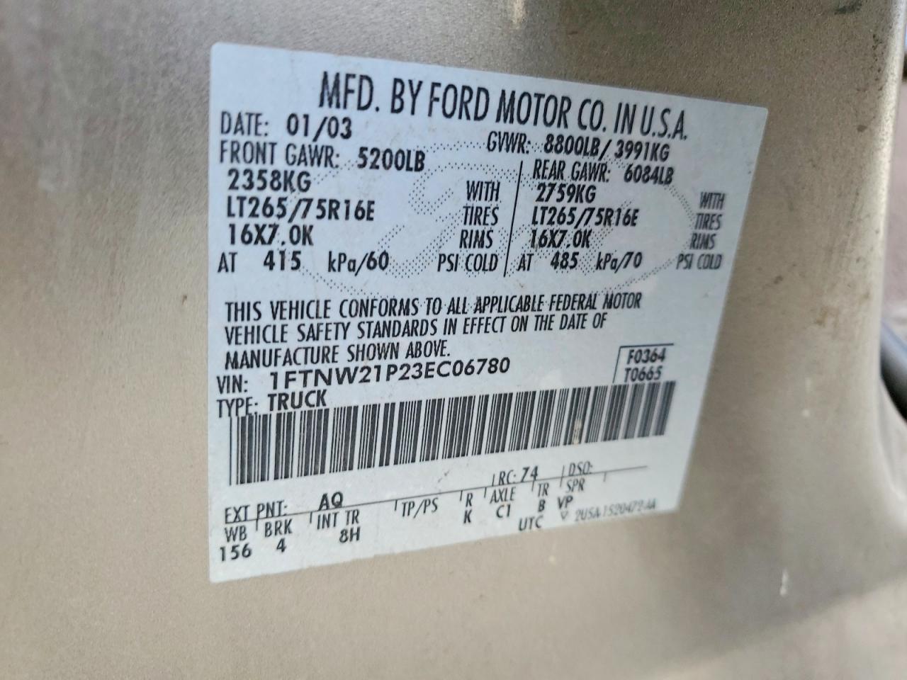 2003 Ford F250 Super Duty Beige vin: 1FTNW21P23EC06780