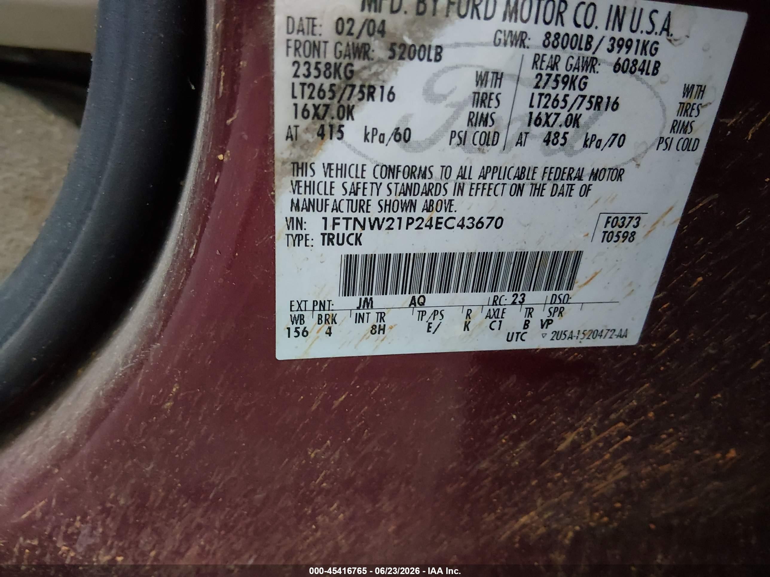 2004 Ford F-250 Lariat/xl/xlt Maroon vin: 1FTNW21P24EC43670