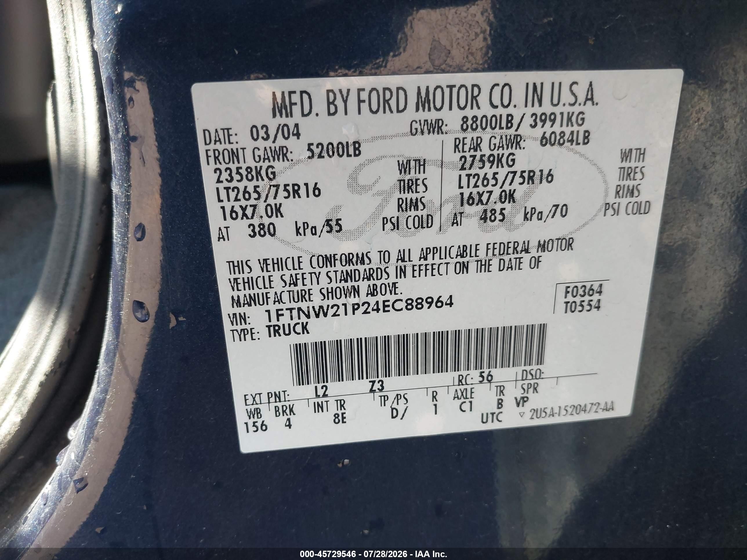 2004 Ford F-250 Lariat/xl/xlt Blue vin: 1FTNW21P24EC88964