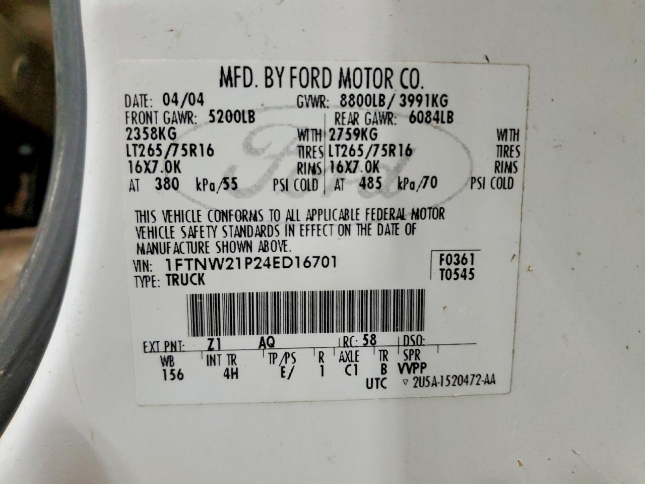 2004 Ford F250 Super Duty White vin: 1FTNW21P24ED16701