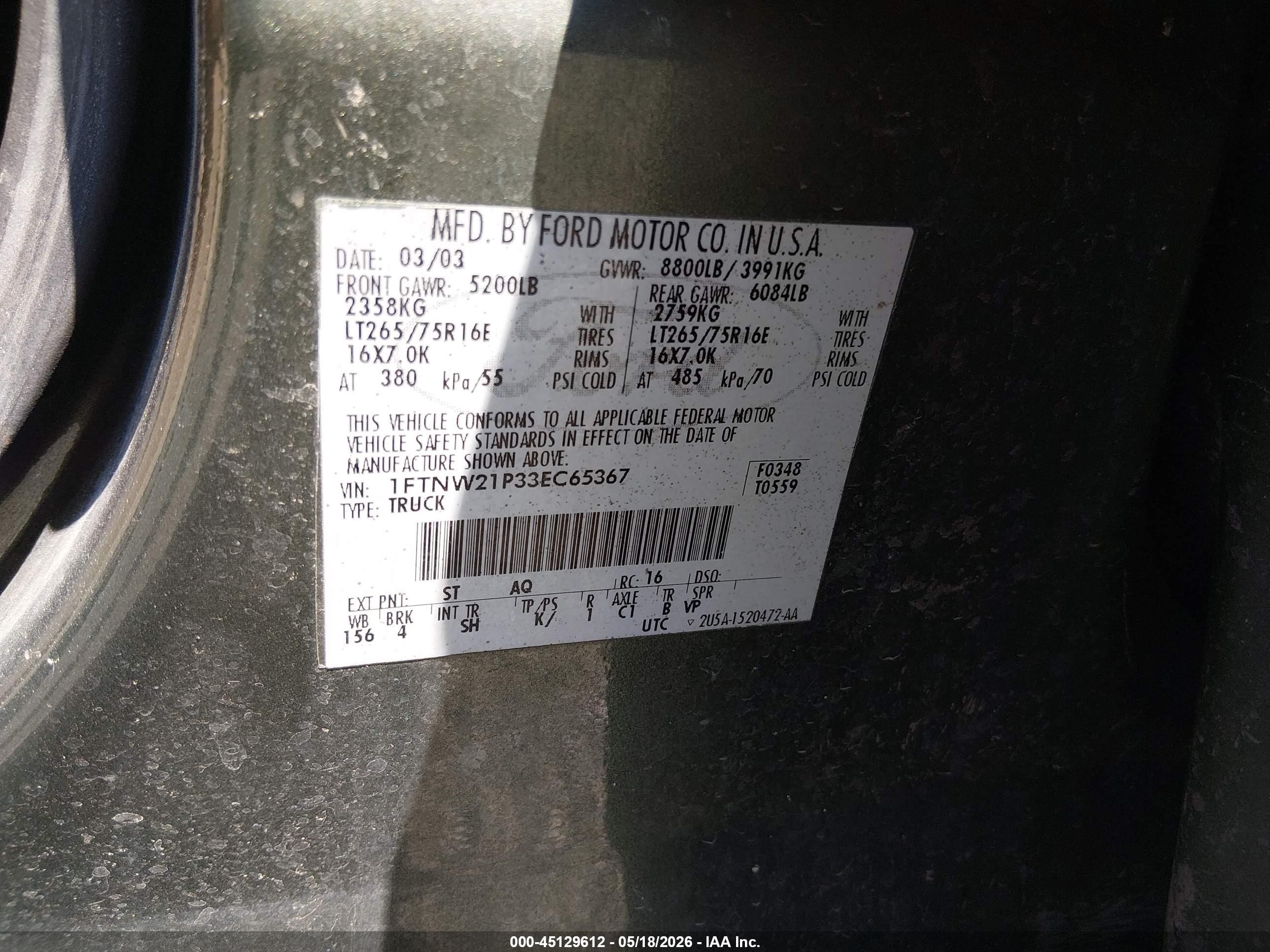 2003 Ford F-250 Lariat/xl/xlt Green vin: 1FTNW21P33EC65367