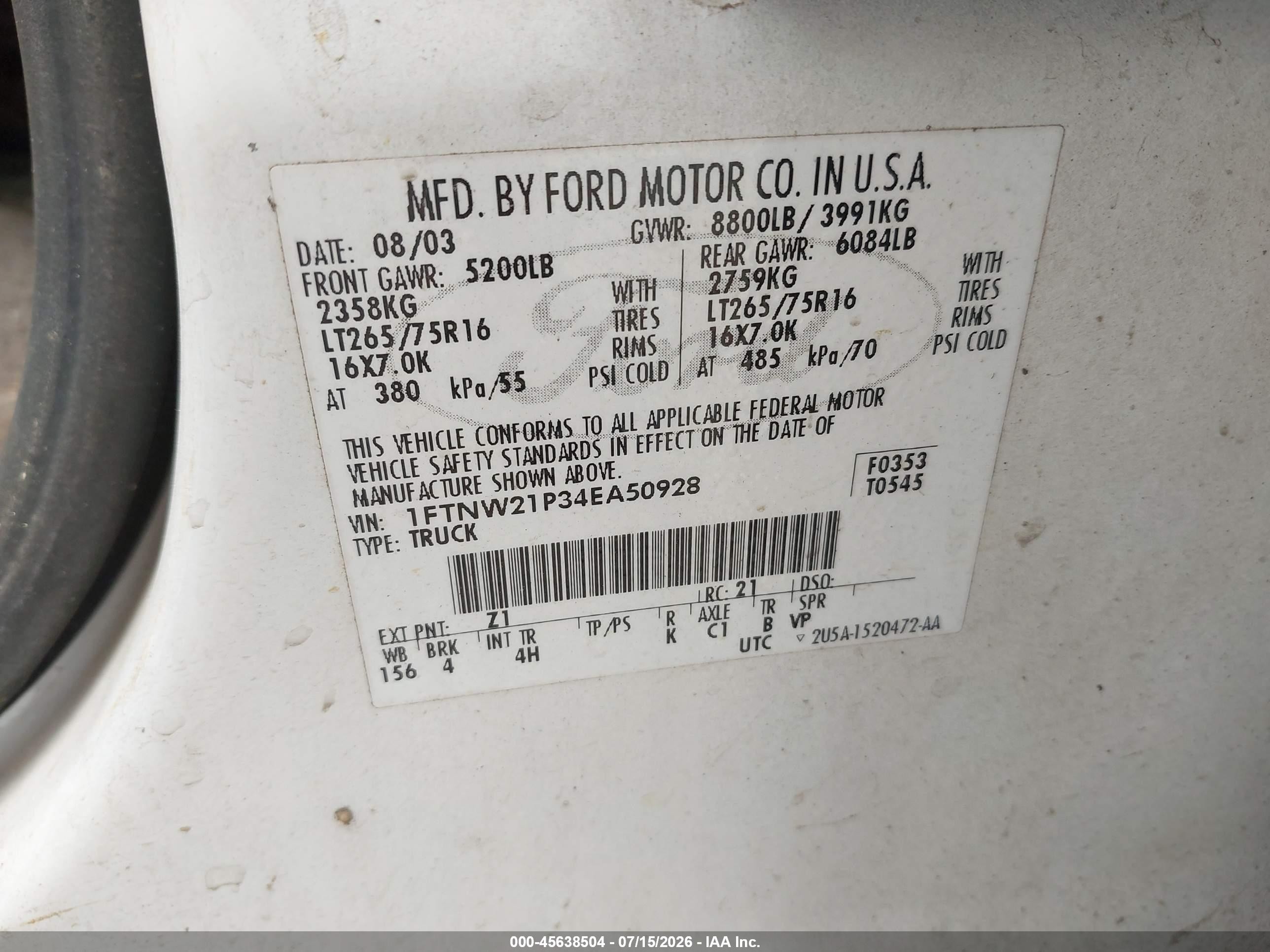2004 Ford F-250 Lariat/xl/xlt White vin: 1FTNW21P34EA50928