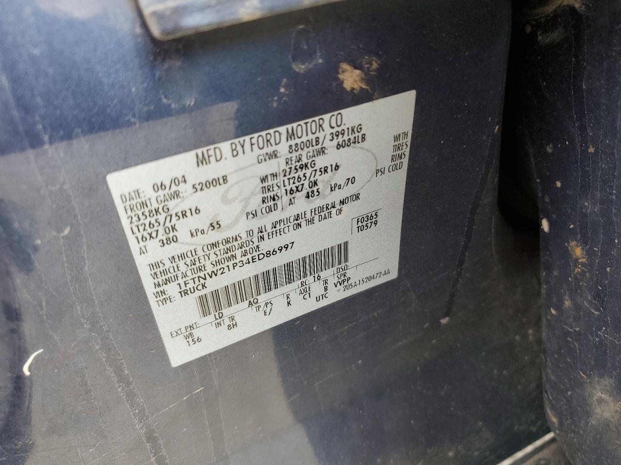 2004 Ford F250 Super Duty Blue vin: 1FTNW21P34ED86997