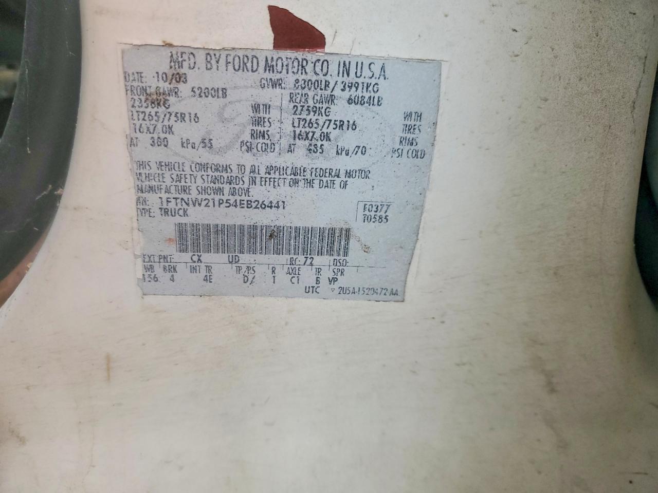 2004 Ford F250 Super Duty White vin: 1FTNW21P54EB26441