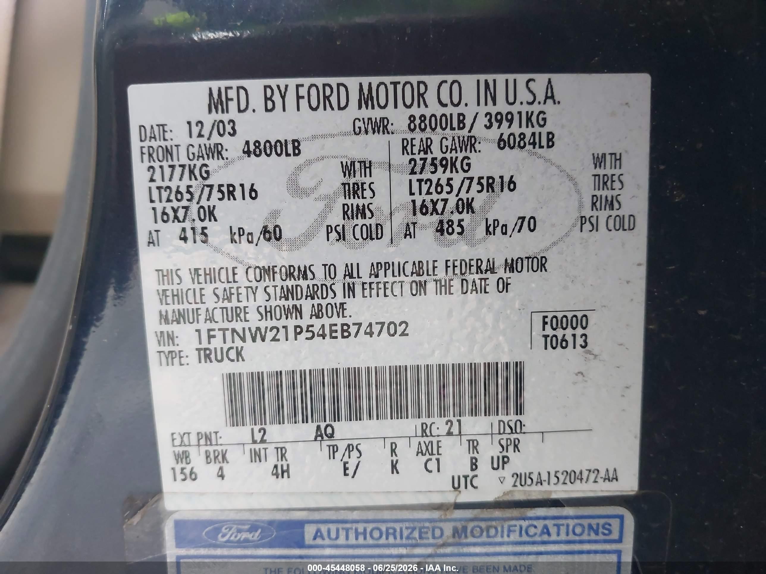 2004 Ford F-250 Lariat/xl/xlt Blue vin: 1FTNW21P54EB74702