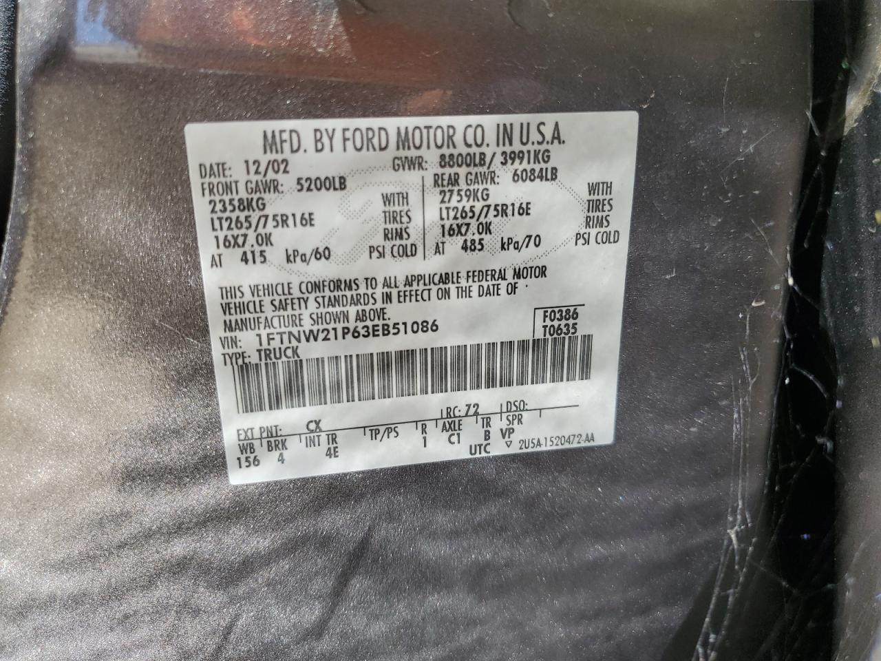 2003 Ford F250 Super Duty Gray vin: 1FTNW21P63EB51086
