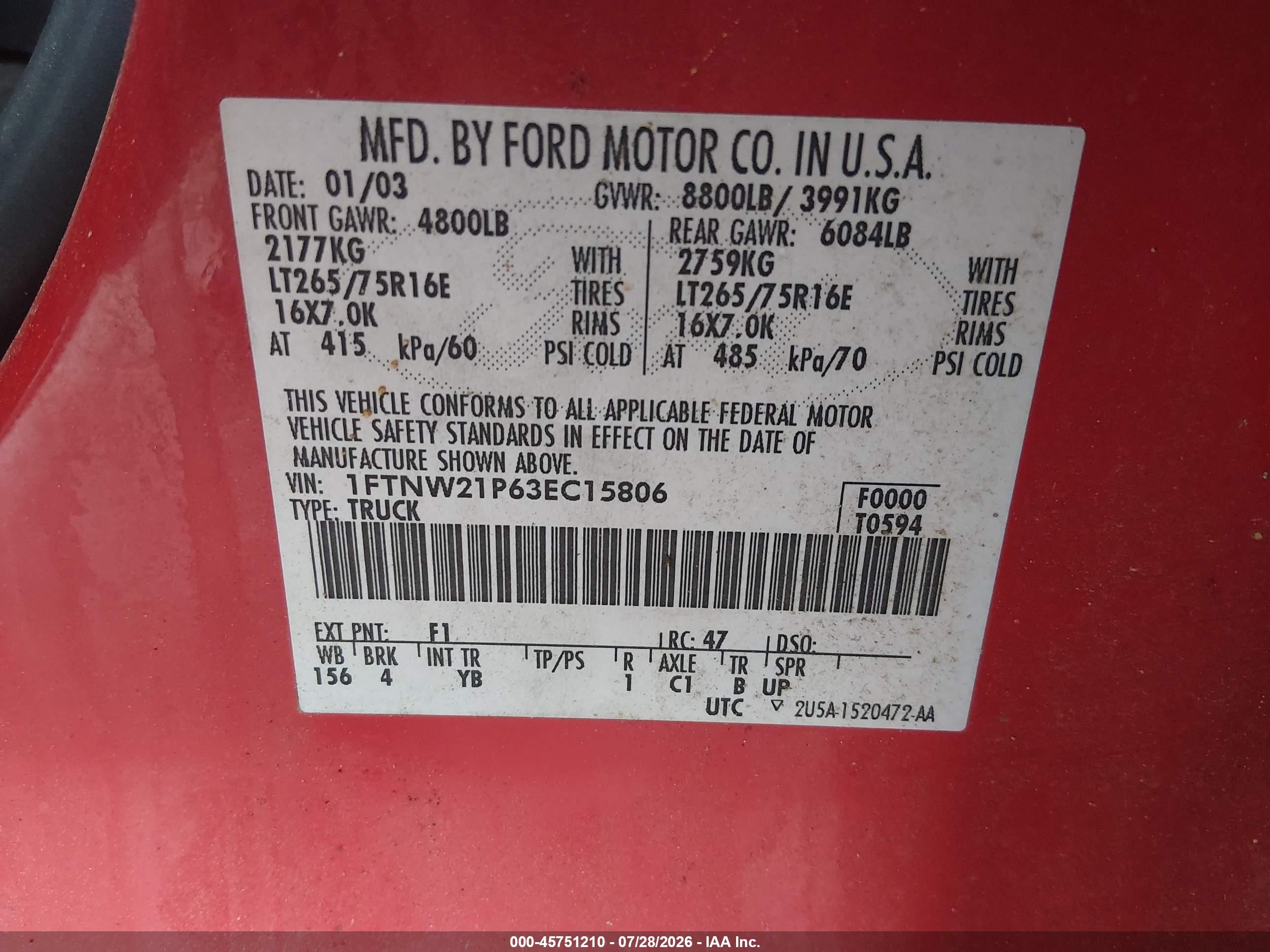 2003 Ford F-250 Lariat/xl/xlt Red vin: 1FTNW21P63EC15806