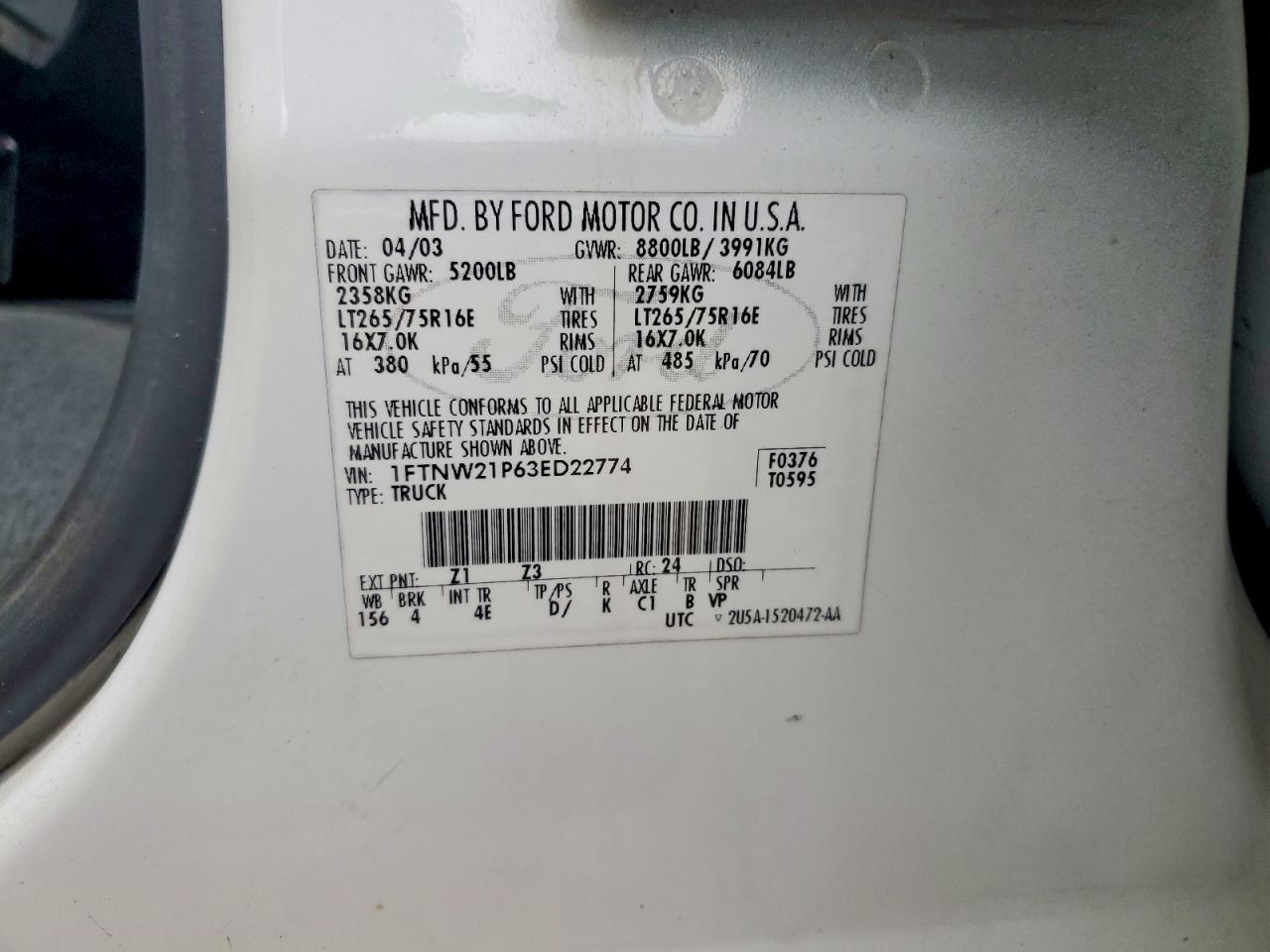 2003 Ford F250 Super Duty White vin: 1FTNW21P63ED22774