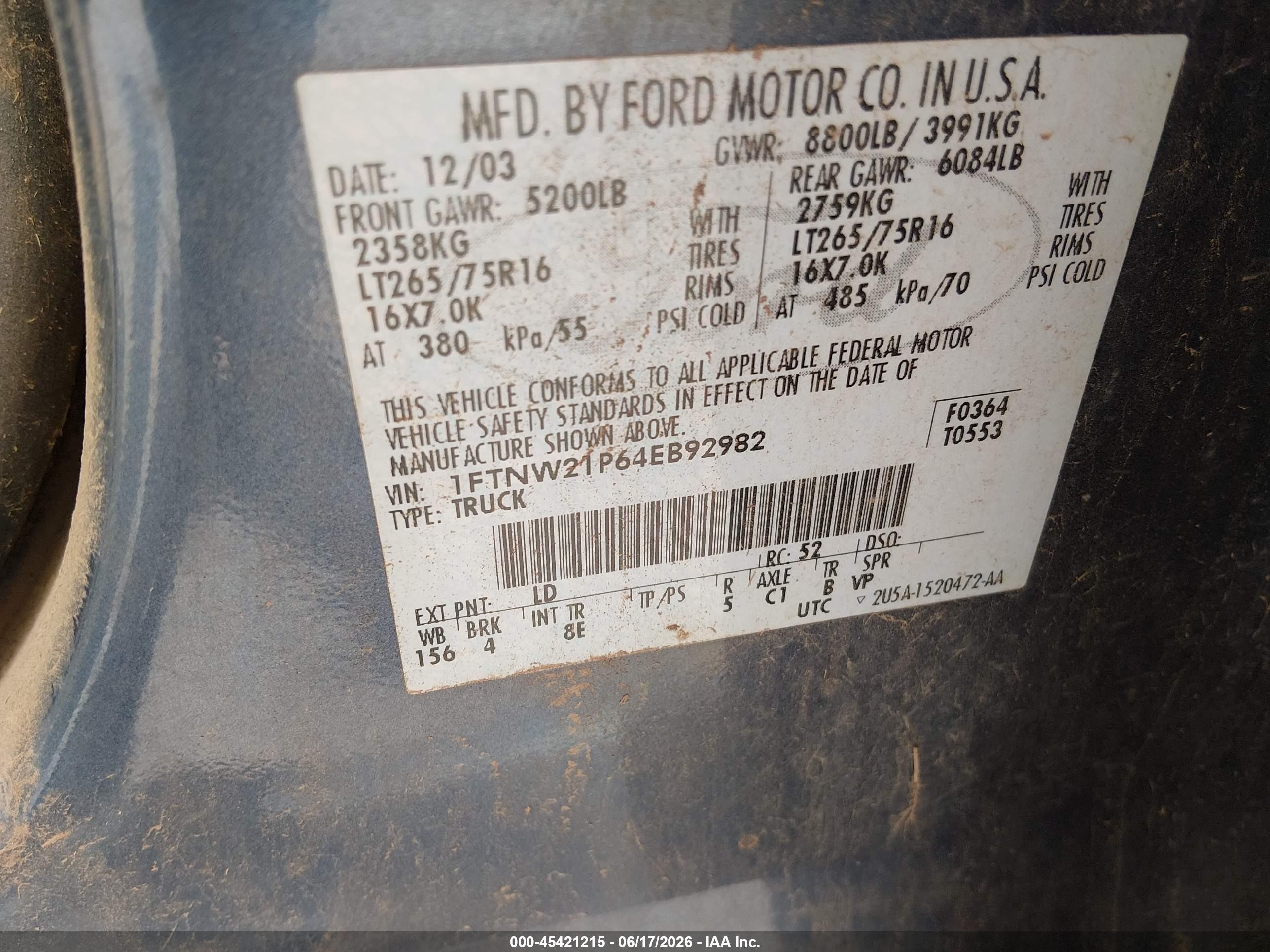 2004 Ford F-250 Lariat/xl/xlt Blue vin: 1FTNW21P64EB92982