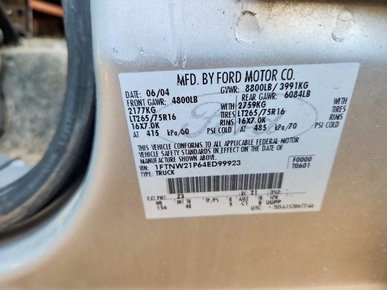 2004 Ford F250 Super Duty Silver vin: 1FTNW21P64ED99923