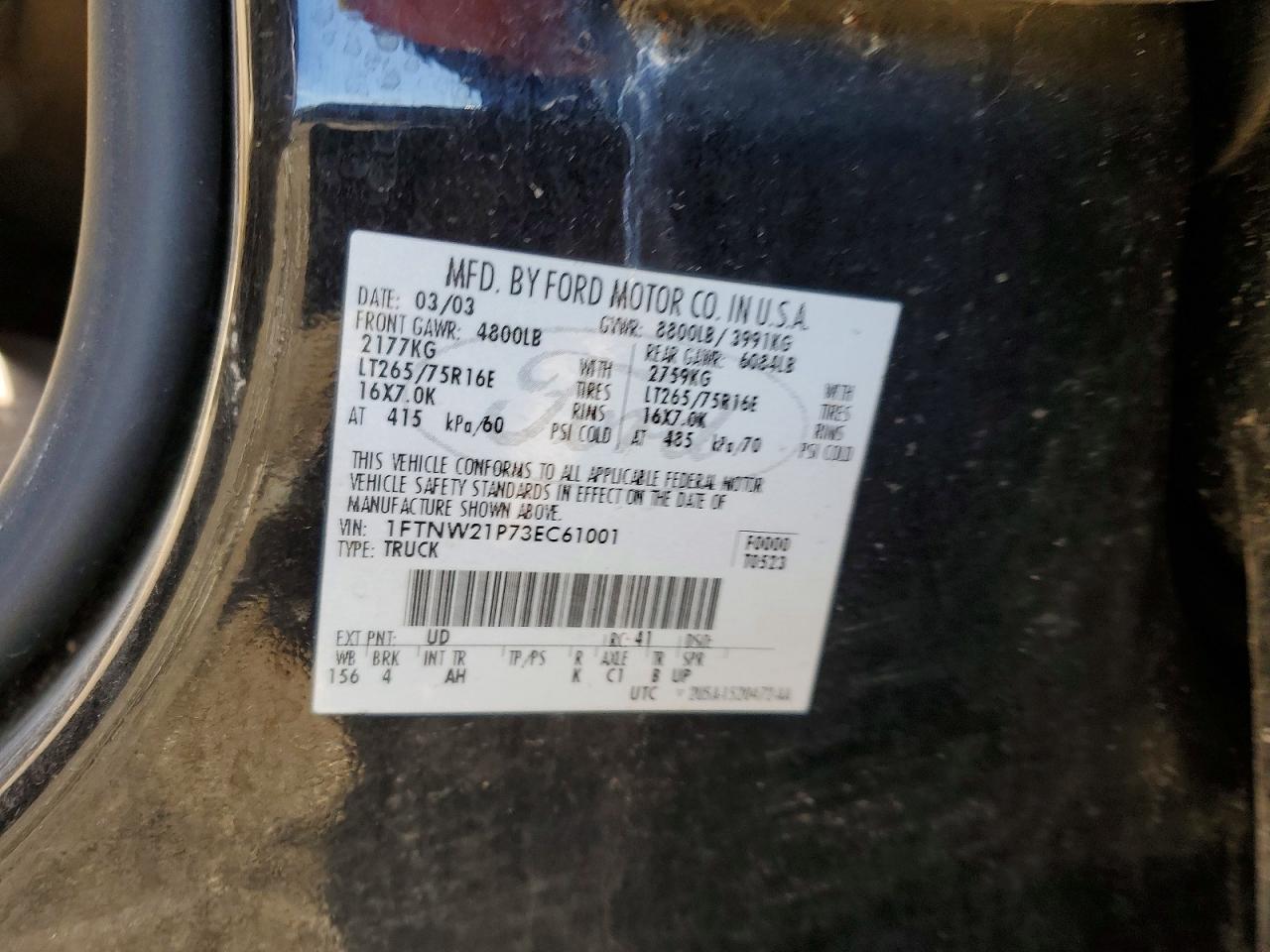 2003 Ford F250 Super Duty Black vin: 1FTNW21P73EC61001