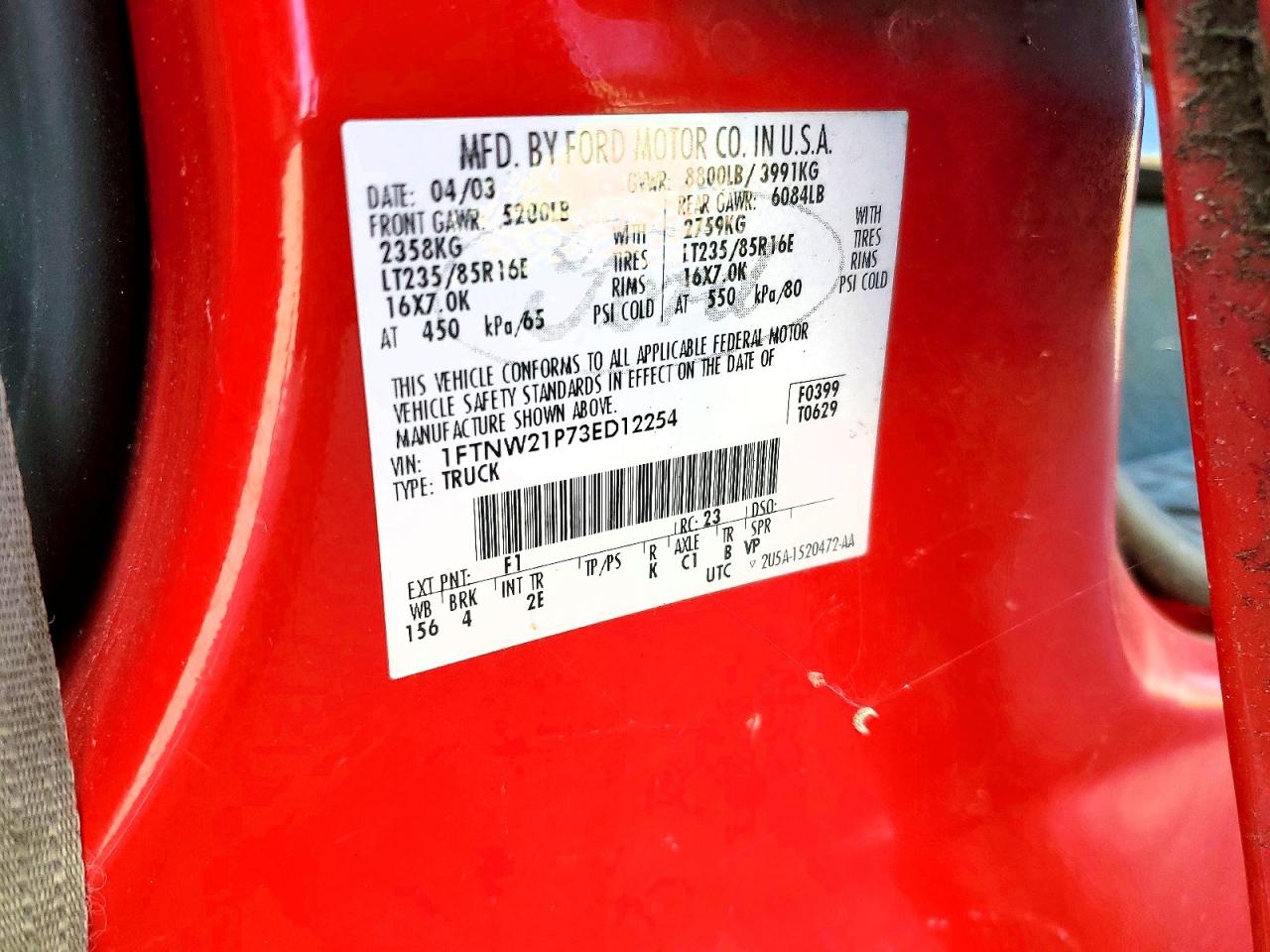 2003 Ford F250 Super Duty Red vin: 1FTNW21P73ED12254