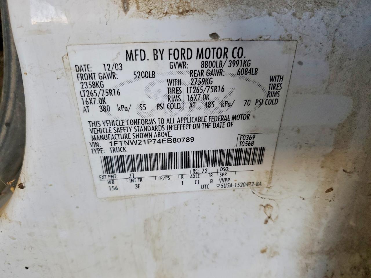 2004 Ford F250 Super Duty White vin: 1FTNW21P74EB80789
