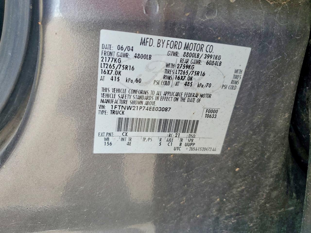 2004 Ford F250 Super Duty Gray vin: 1FTNW21P74EE03087