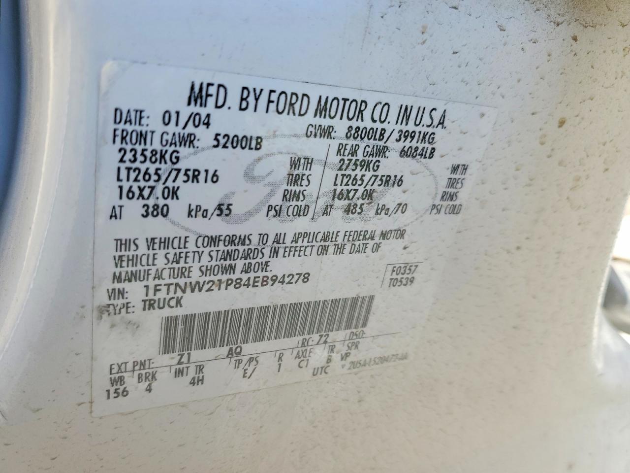 2004 Ford F250 Super Duty White vin: 1FTNW21P84EB94278