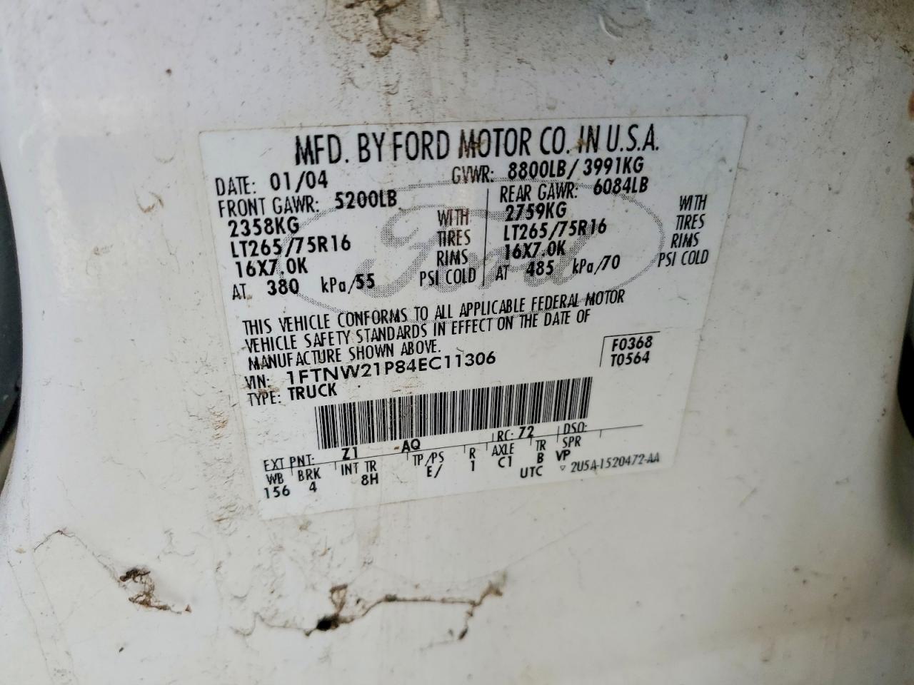 2004 Ford F250 Super Duty White vin: 1FTNW21P84EC11306
