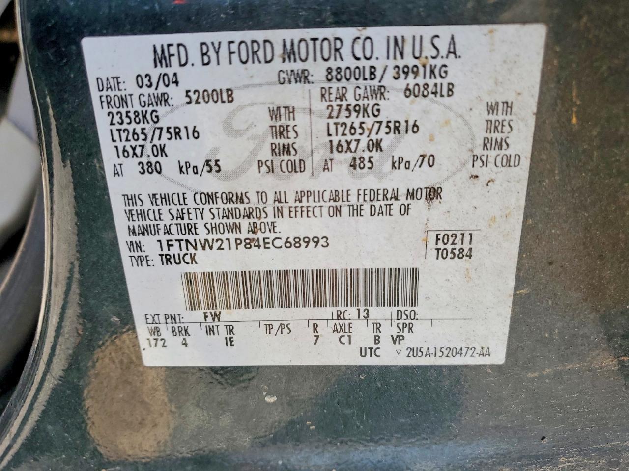 2004 Ford F250 Super Duty Charcoal vin: 1FTNW21P84EC68993
