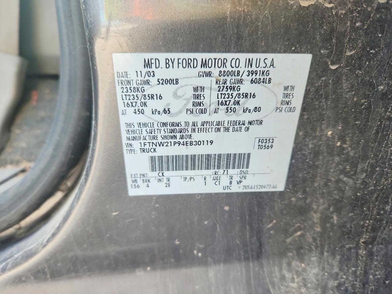 2004 Ford F250 Super Duty Gray vin: 1FTNW21P94EB30119