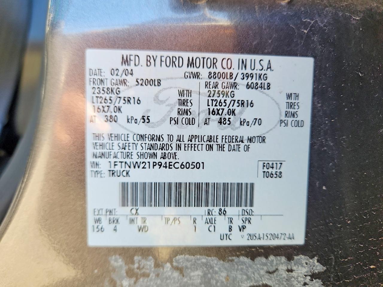2004 Ford F250 Super Duty Gray vin: 1FTNW21P94EC60501