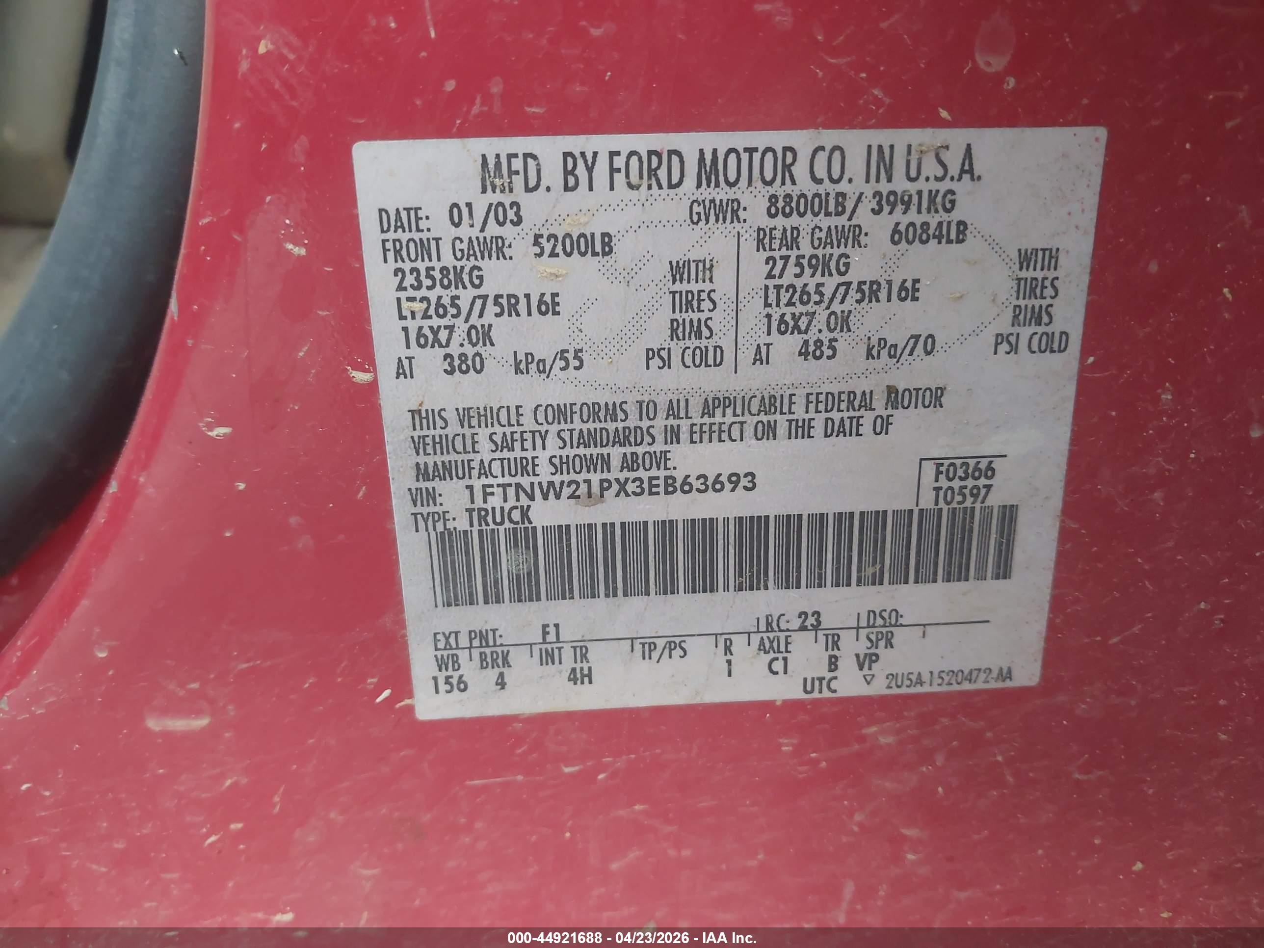 2003 Ford F-250 Lariat/xl/xlt Red vin: 1FTNW21PX3EB63693