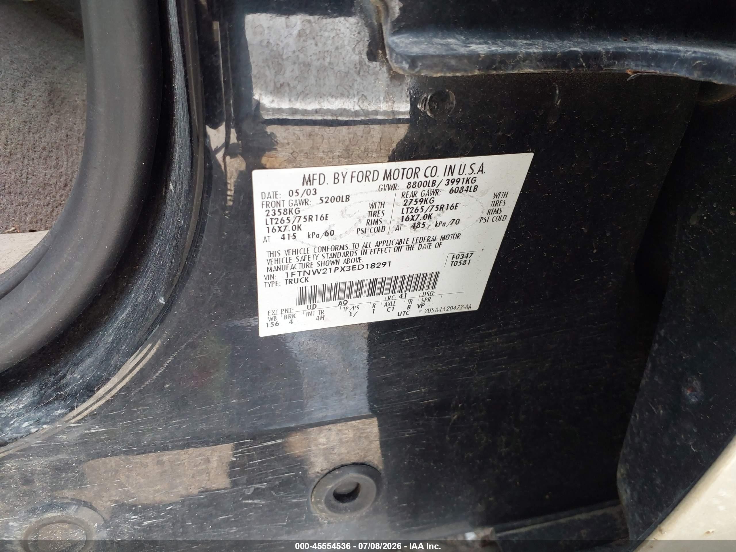 2003 Ford F-250 Lariat/xl/xlt Черный vin: 1FTNW21PX3ED18291
