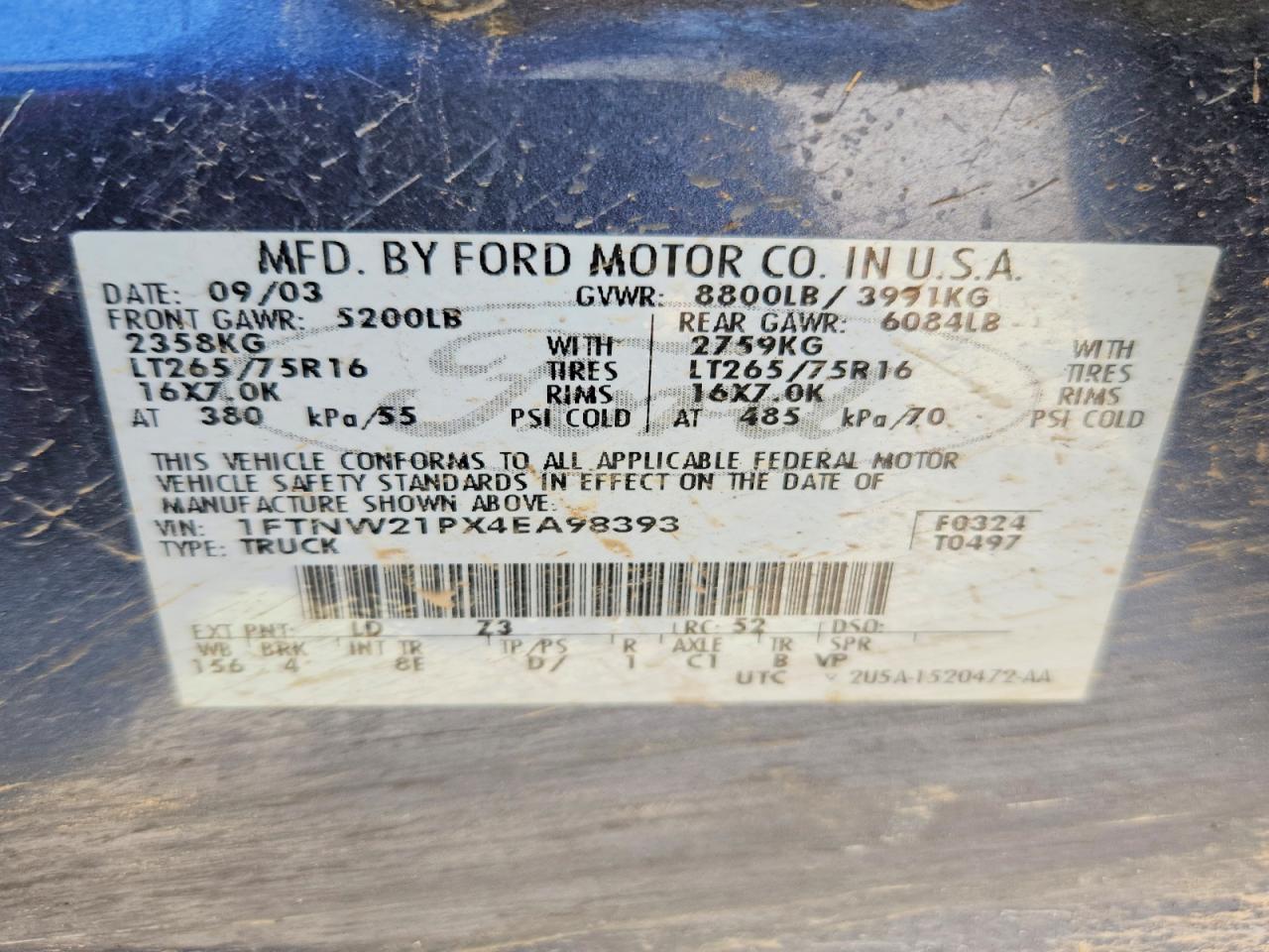 2004 Ford F250 Super Duty Blue vin: 1FTNW21PX4EA98393