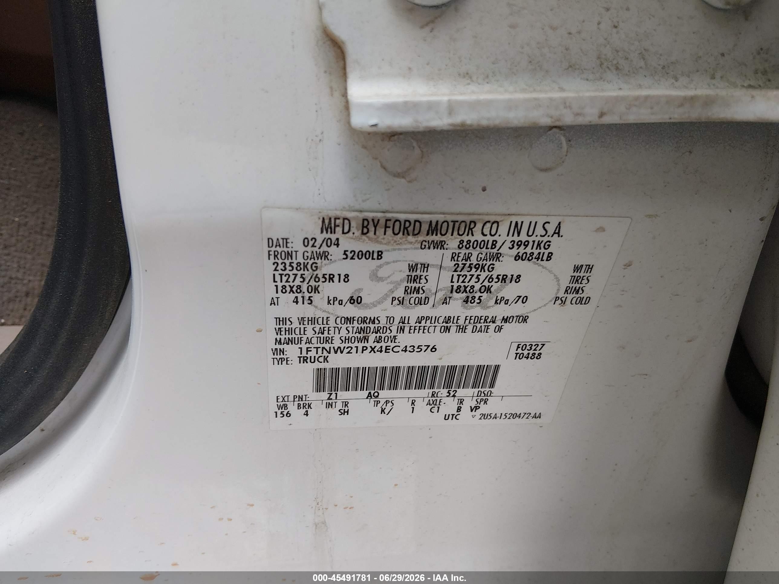 2004 Ford F-250 Lariat/xl/xlt White vin: 1FTNW21PX4EC43576