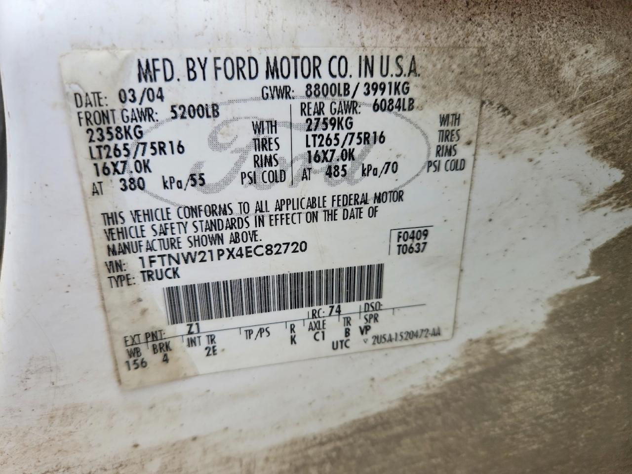 2004 Ford F250 Super Duty White vin: 1FTNW21PX4EC82720