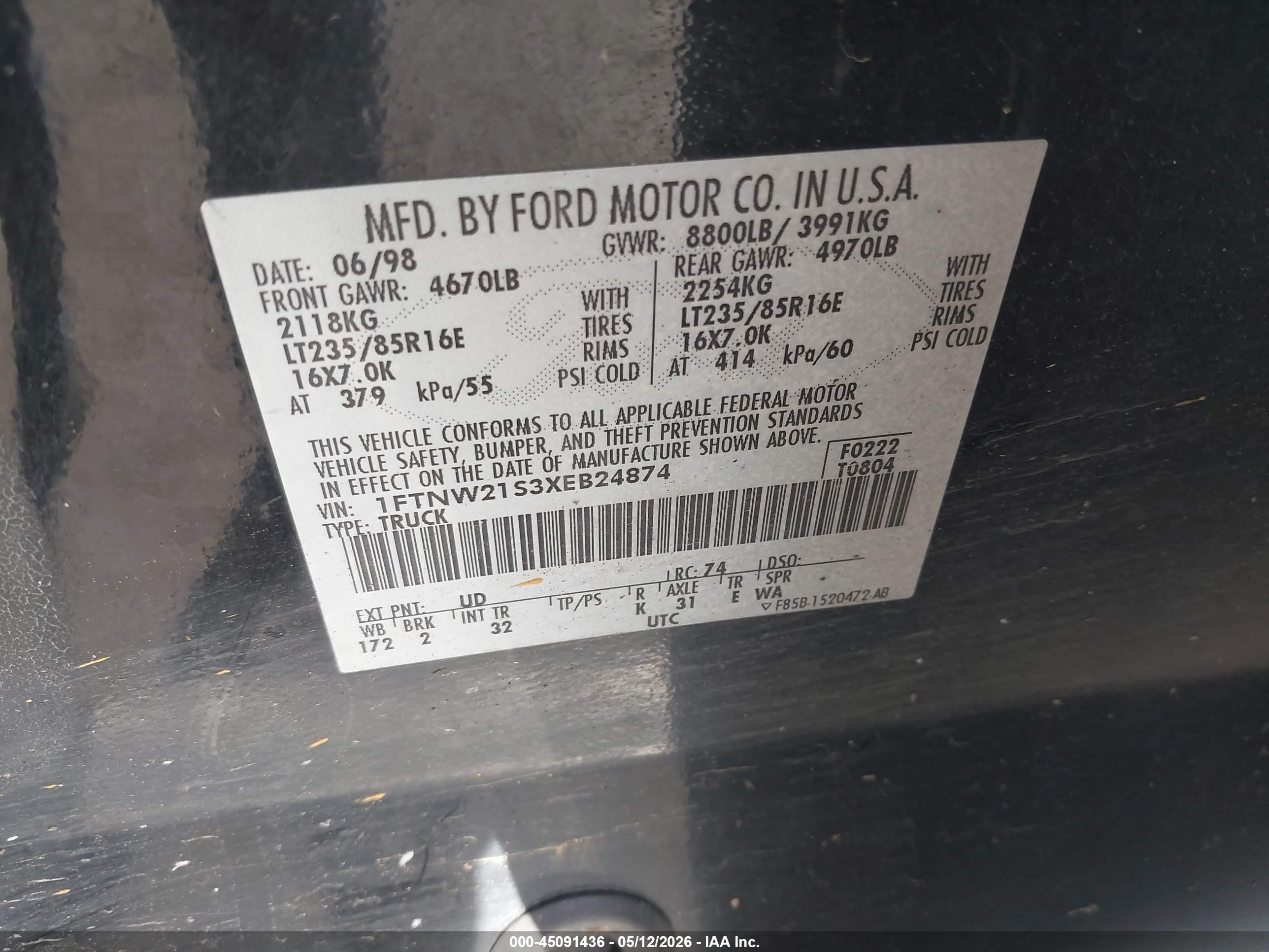 1999 Ford F-250 Lariat/xl/xlt Black vin: 1FTNW21S3XEB24874