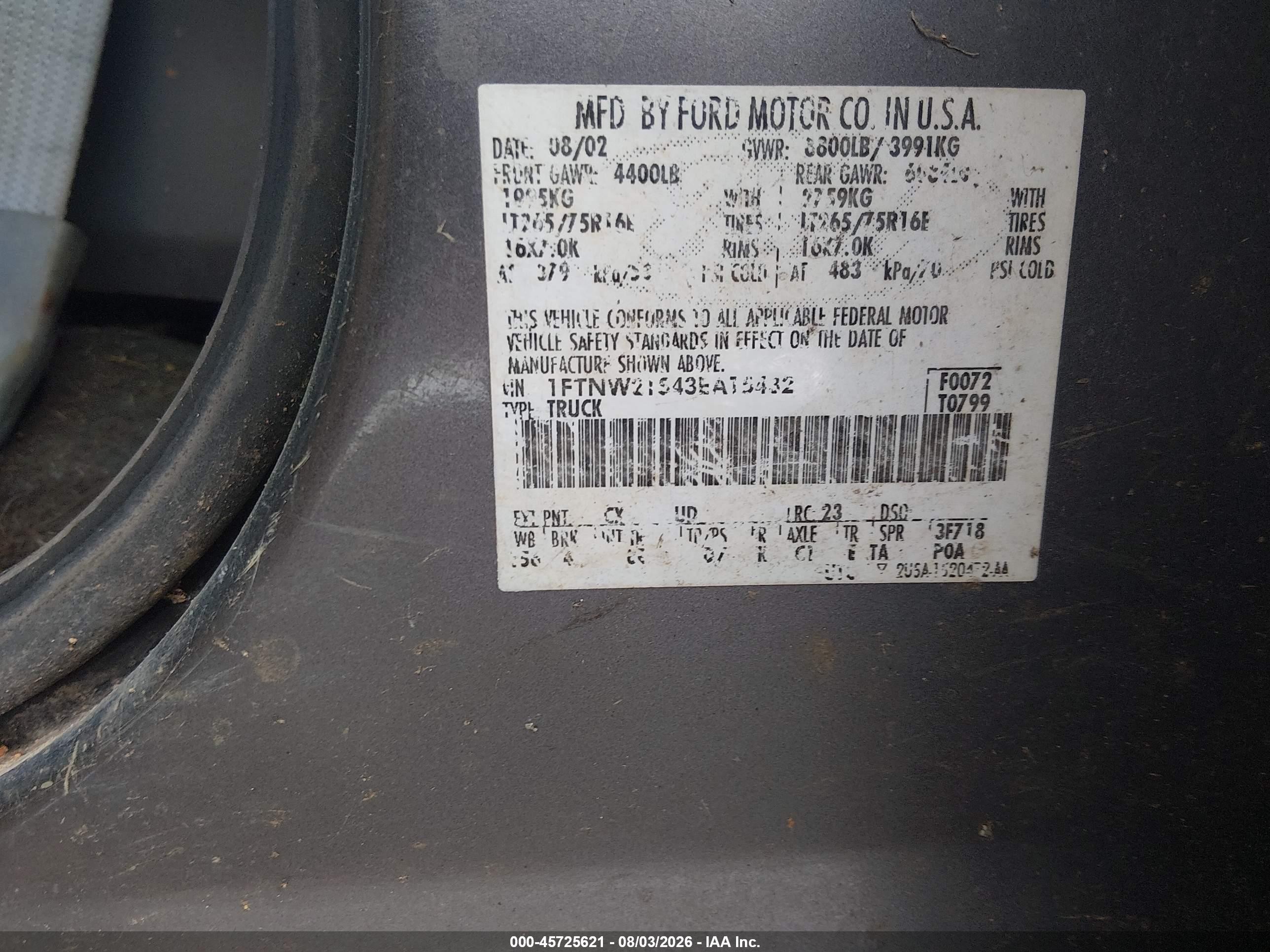 2003 Ford F-250 Lariat/xl/xlt Tan vin: 1FTNW21S43EA15432