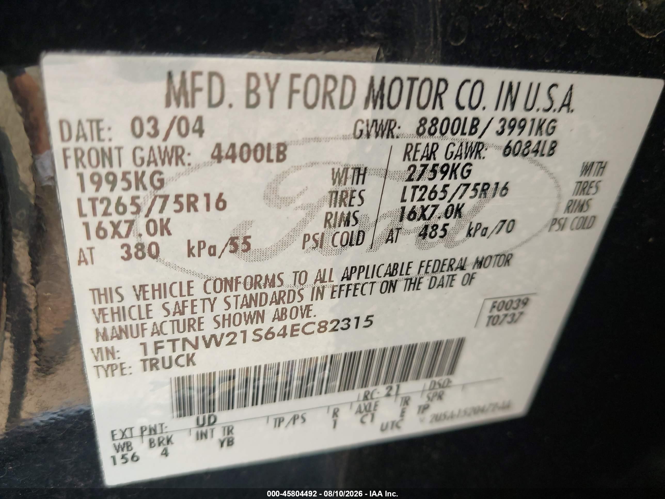 2004 Ford F-250 Lariat/xl/xlt Черный vin: 1FTNW21S64EC82315