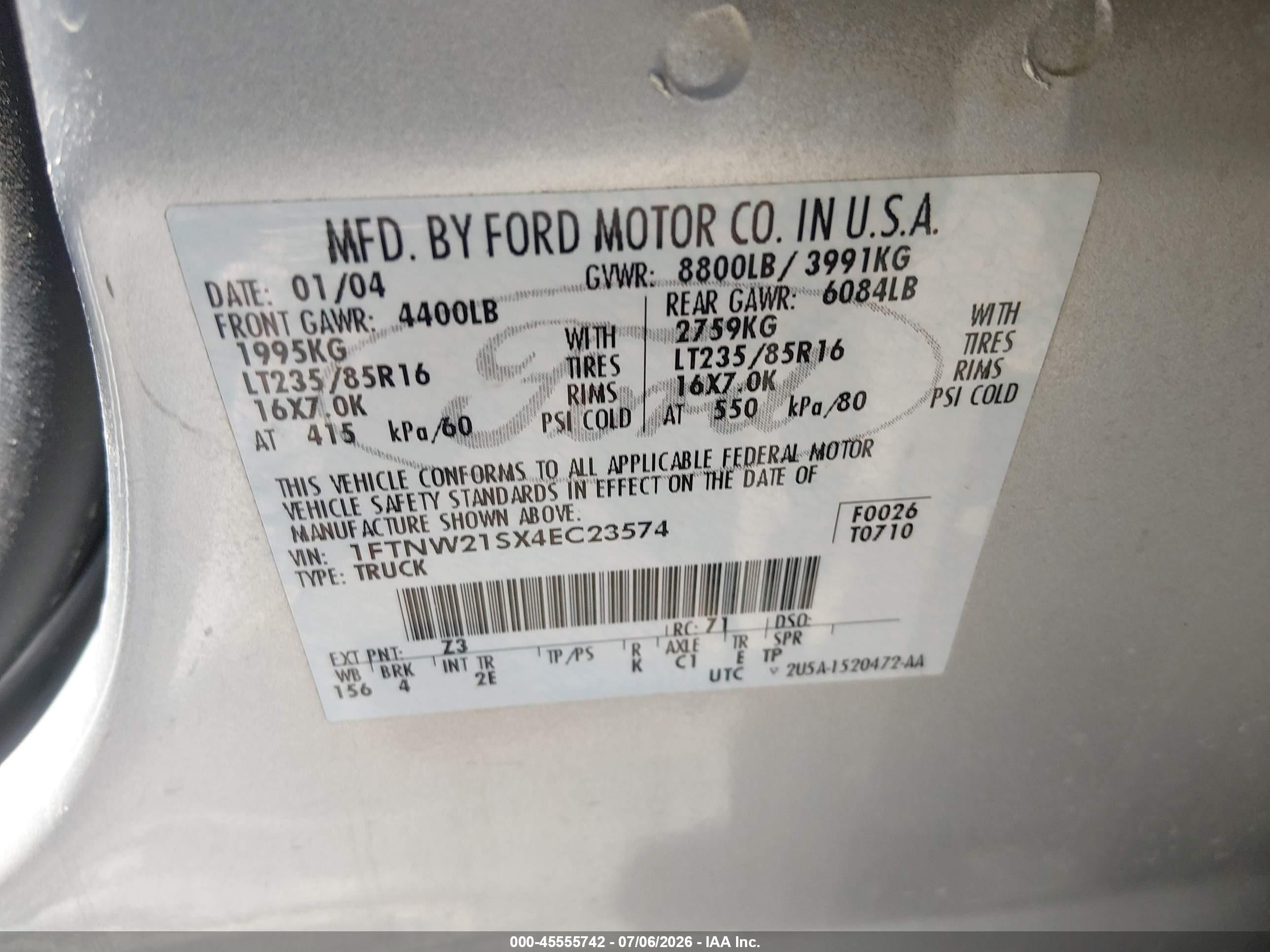 2004 Ford F-250   Silver vin: 1FTNW21SX4EC23574