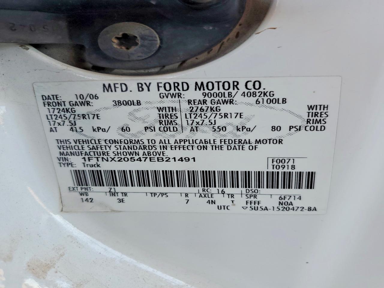 2007 Ford F250 Super Duty White vin: 1FTNX20547EB21491