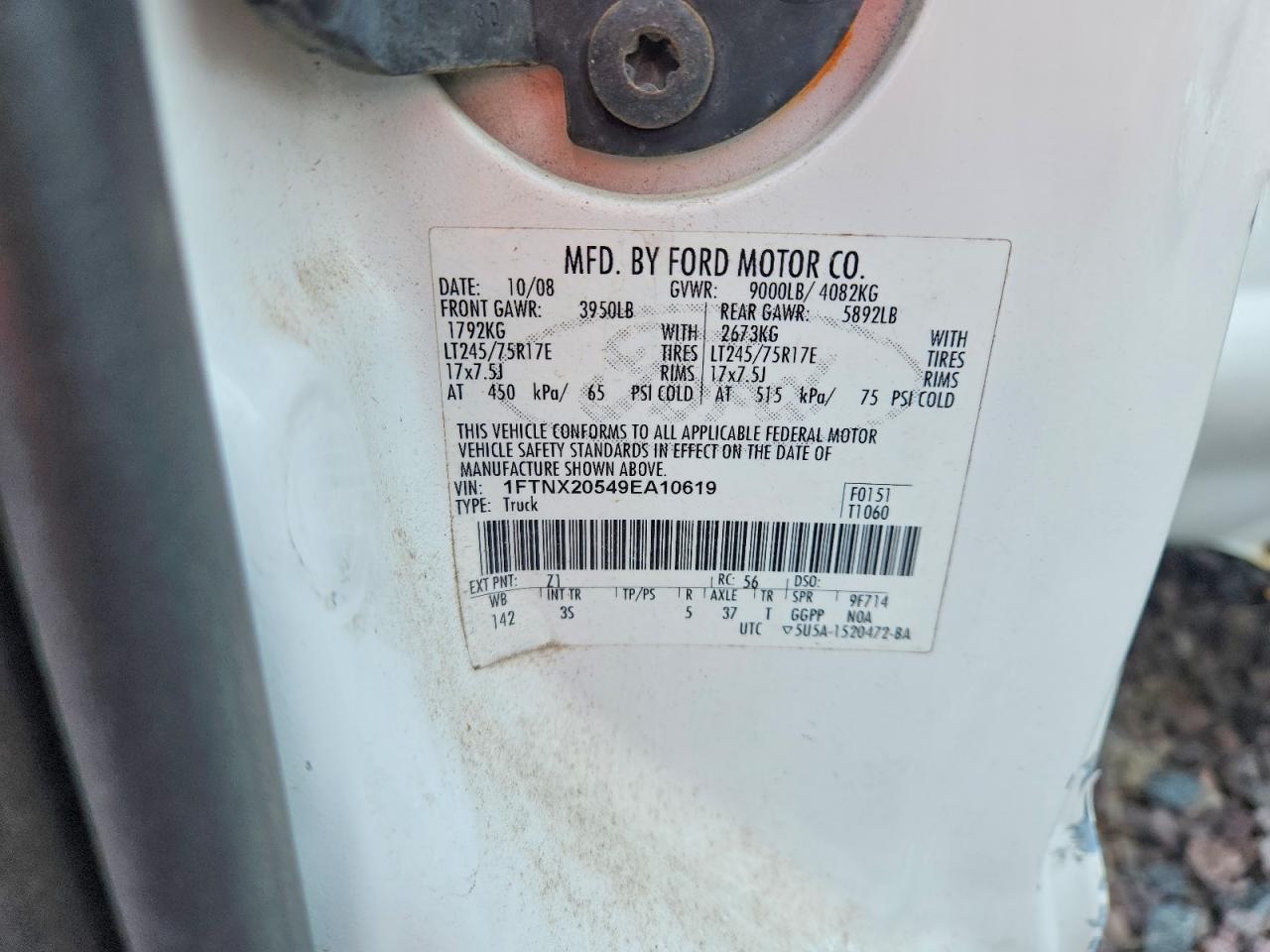 2009 Ford F250 Super Duty White vin: 1FTNX20549EA10619